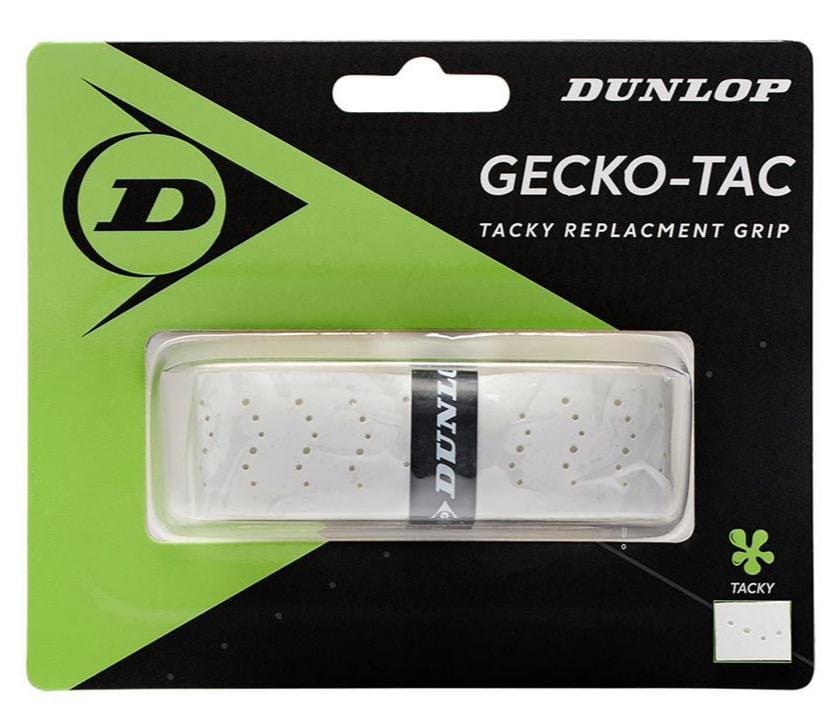The packaging of the Dunlop Gecko-Tac Replacement Tennis Grip in white features its tacky surface technology. A transparent section displays the grip, while brand logos and product details emphasize its enhanced control features for an optimal playing experience.