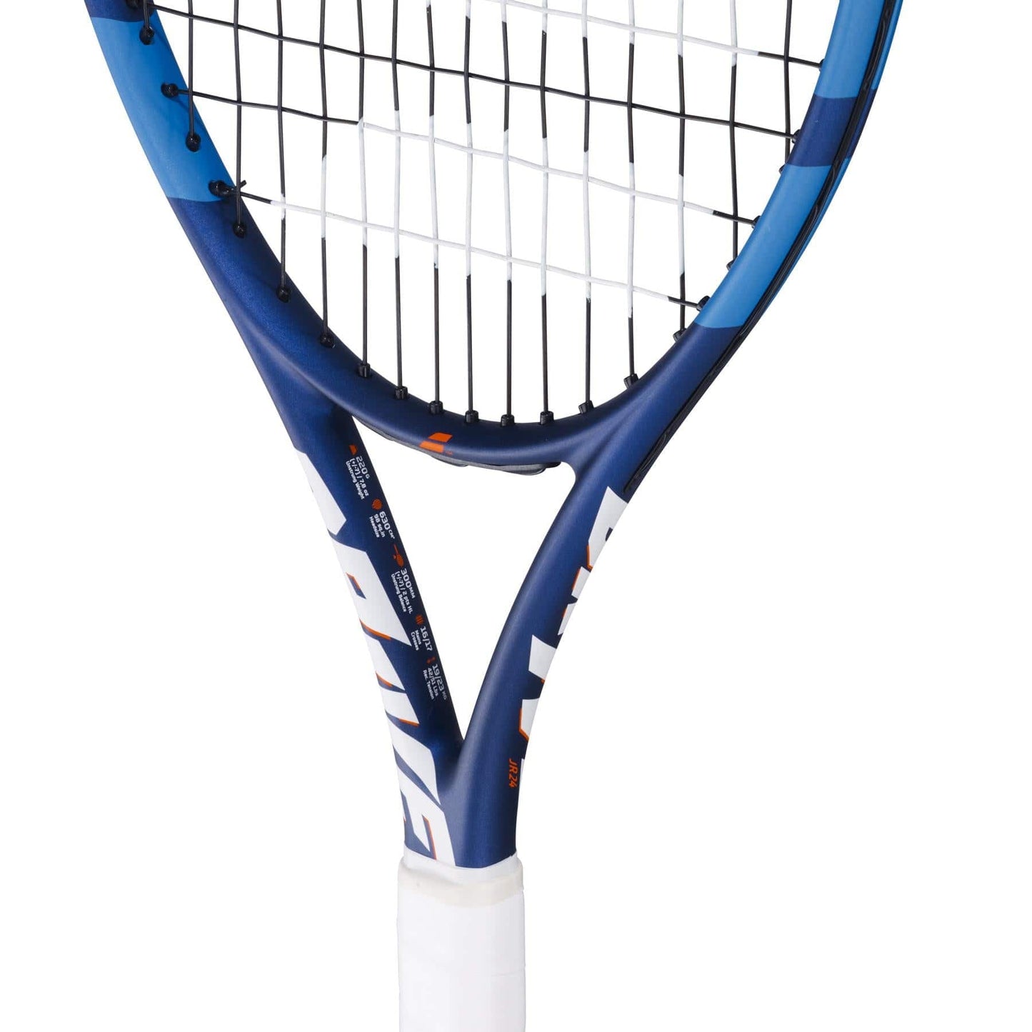 Close-up of the Babolat Drive Junior 24 Tennis Racket - Blue with white text and grip. Ideal for intermediate players, it has tightly strung strings and a blue/light blue patterned frame.