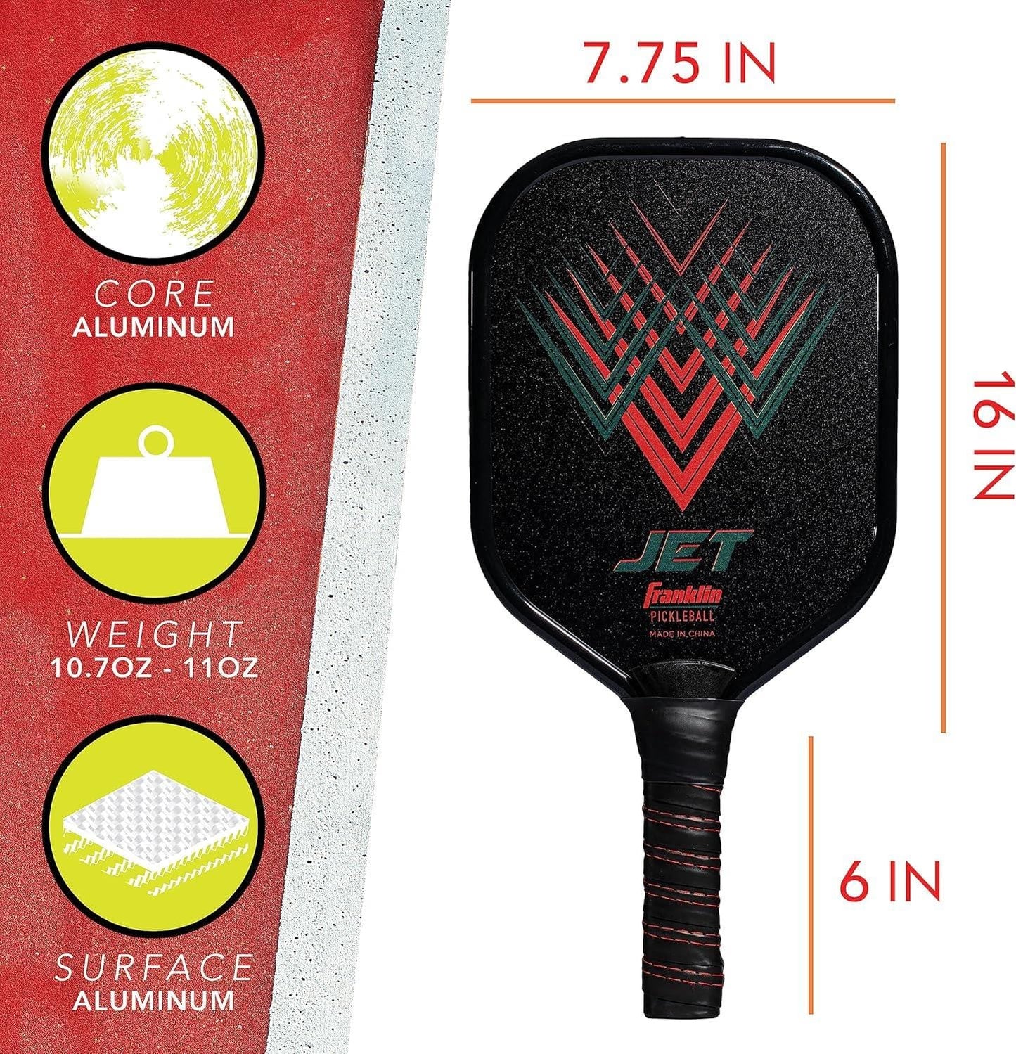 The Franklin Jet 2-Players Pickleball Set by Franklin features black dual-plated aluminum paddles with red and green designs, a high-performance design, 16"x7.75" size, 6" handle, aluminum core, 10.7–11 oz weight, and textured surface.