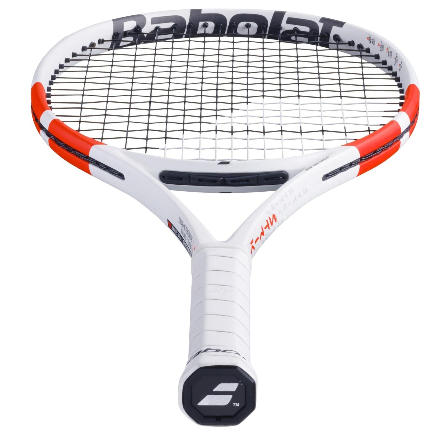 Achieve superior control and precision with the Babolat Pure Strike 100 Gen4 Tennis Racket, equipped with NF2 Tech. This striking white, red, and black racket features a distinctive black string pattern and a wrapped grip handle. The iconic "Babolat" logo is prominently displayed on the frame, ensuring enhanced performance with every swing.