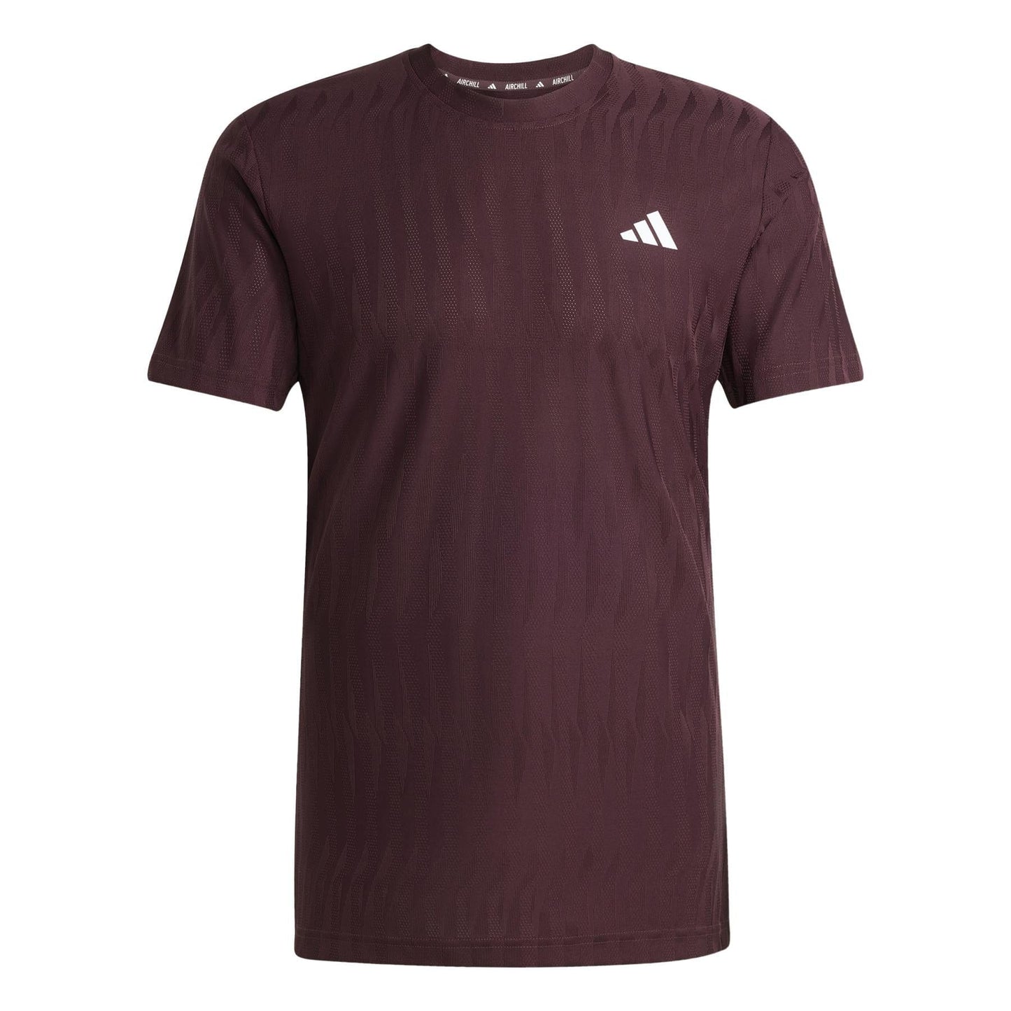 The ADIDAS Men's Climacool+ Freelift Tennis T-Shirt in Ruby by adidas features recycled materials, a subtle wavy texture, a small white triangular logo on the left chest, and a collar with repeating text or symbols for enhanced comfort and style.