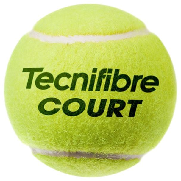 A vivid yellow tennis ball from the Tecnifibre Court Tennis Balls - 4 Ball Tube displays "Tecnifibre COURT" prominently in bold black letters. Renowned for its competition-grade quality, this ball features a textured surface and white seams that enhance its durability.