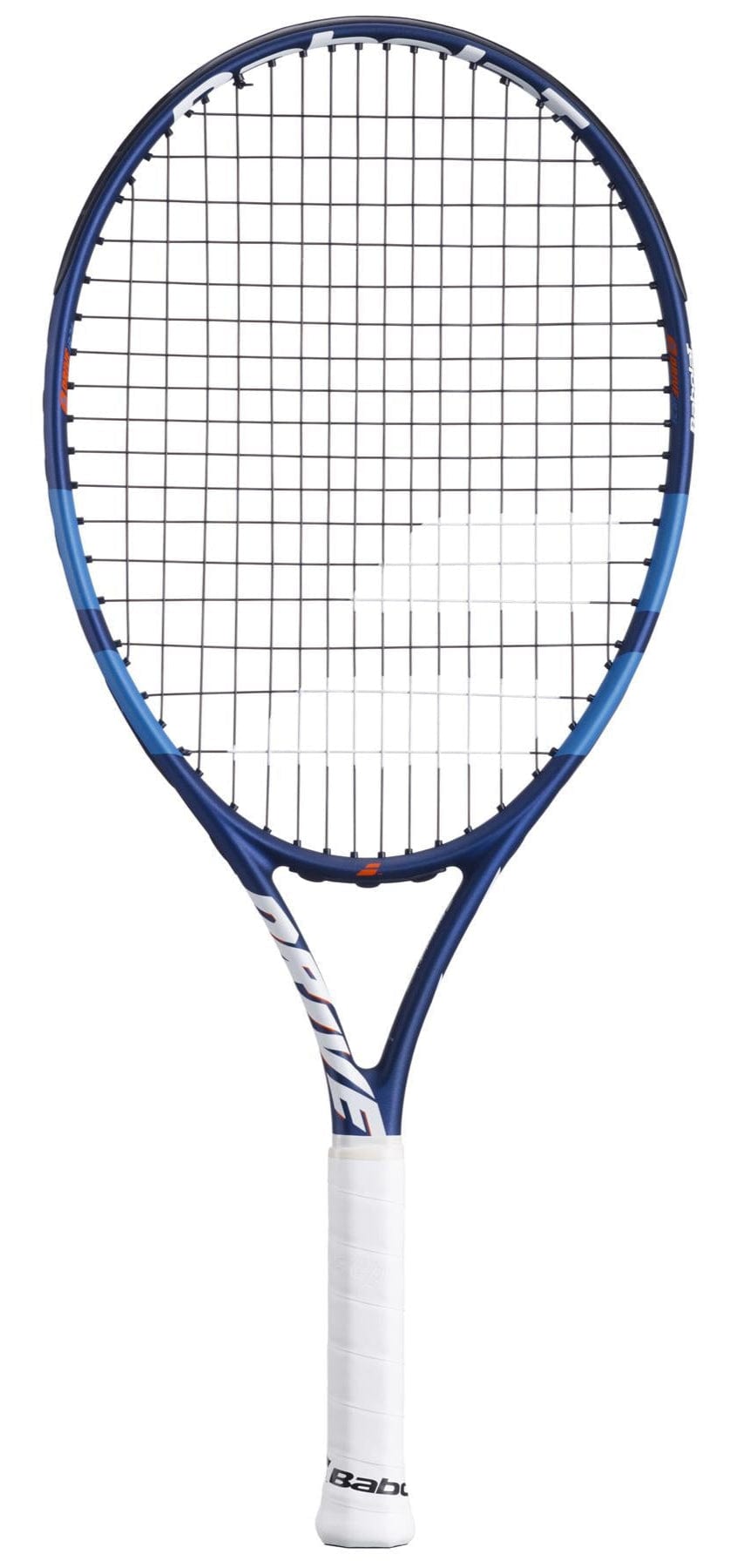 The Babolat Drive Junior 24 Tennis Racket - Blue by Babolat is ideal for young intermediate players, showcasing a blue and white design with a crisscross string pattern and comfortable white grip.