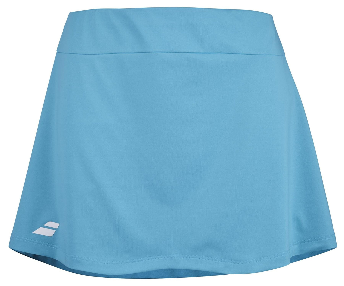 Introducing the Babolat Play Women's Tennis Skirt in Cyan Blue, designed with a subtle flared style. Enhanced with Fiber Dry technology, it includes a small white Babolat logo on the bottom left corner for that unique brand signature.