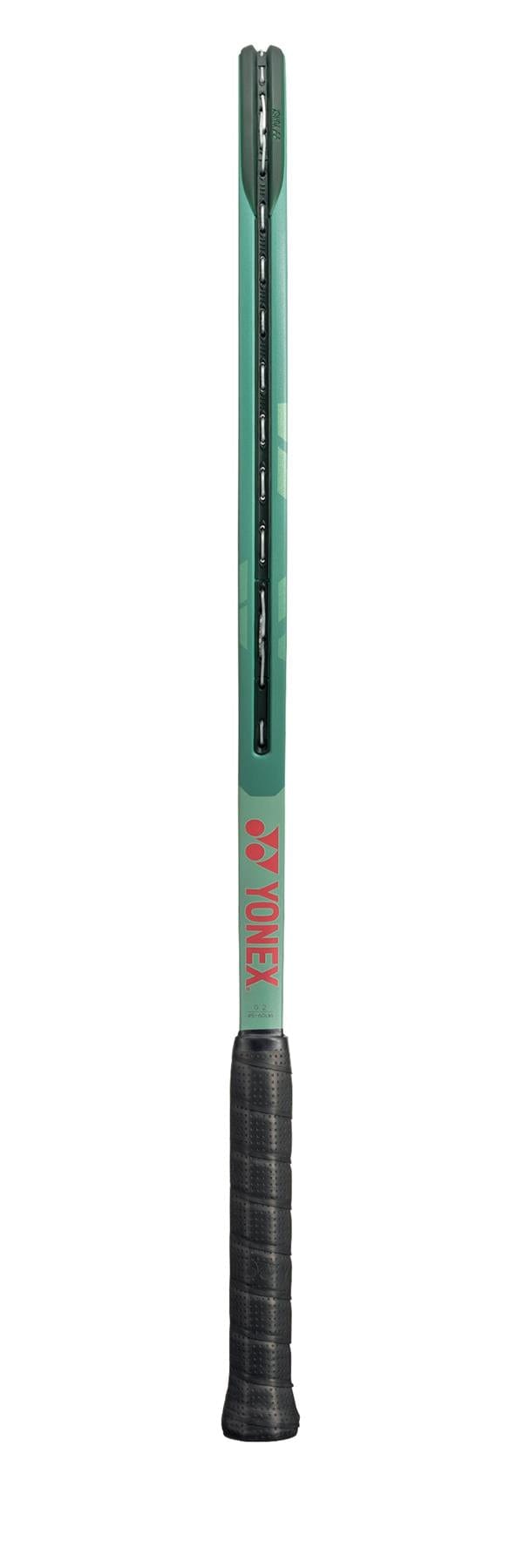 Side view of a Yonex Percept 97 Tennis Racket (Frame Only) by Yonex, featuring an olive green and black color scheme, perfect for advanced players. The handle is wrapped in black grip tape, with the red Yonex logo prominently displayed on the side of the frame.