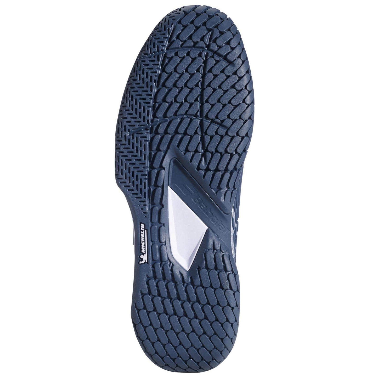 The image shows the sole of a grey and white sports shoe resembling the Babolat Propulse Fury 3 All Court 2025 with a textured pattern for grip. The center is white, displaying the logo, while branding text adorns the side. Its intricate tread design suggests enhanced traction.