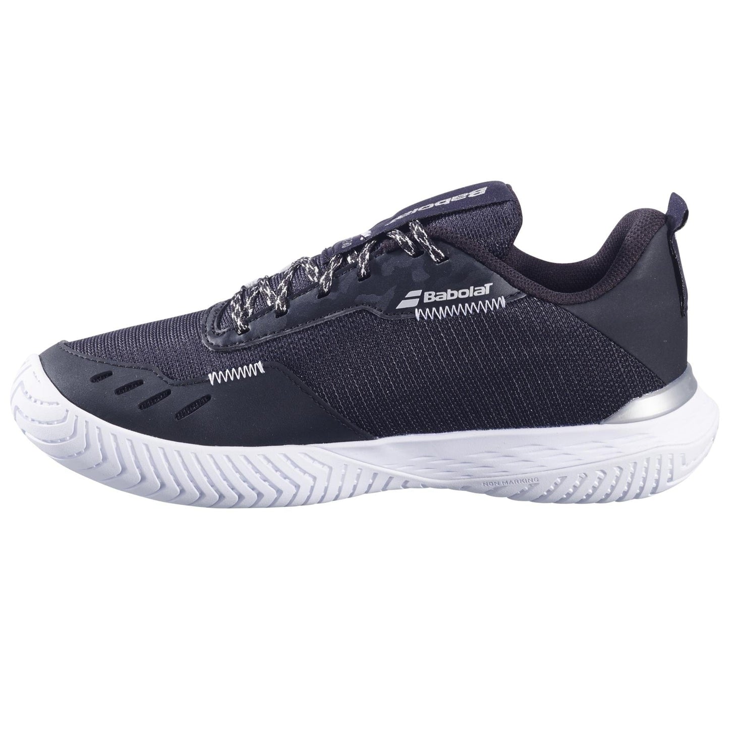 The Babolat SFX EVO All Court 2025 Women's Tennis Shoes in Black/Silver feature a textured outsole for outdoor courts, mesh fabric, patterned laces, the iconic Babolat logo, and a cushioned midsole for comfort and support.