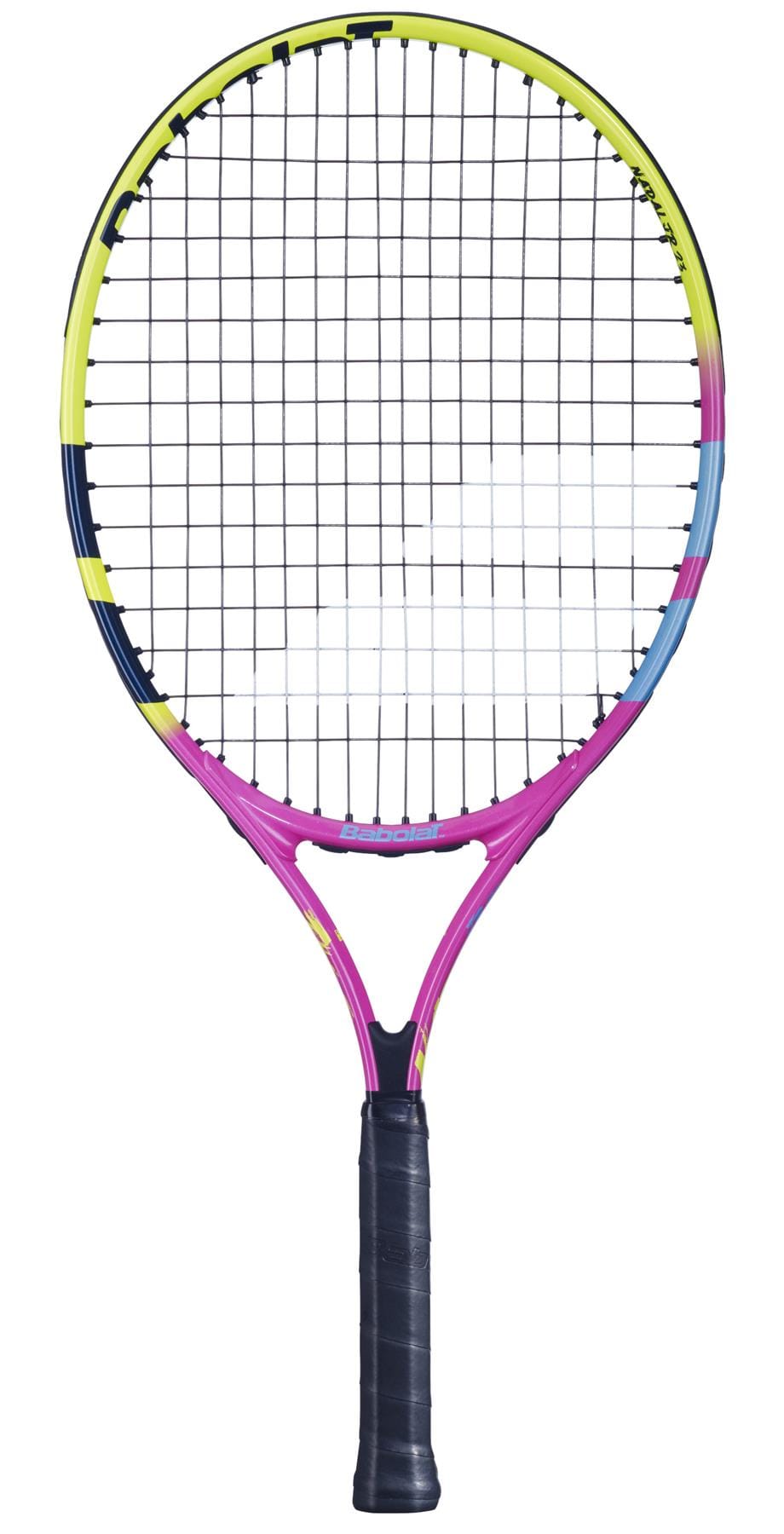 Presenting the Babolat Nadal Junior 23 Tennis Racket - Pink / Yellow: a lightweight racket with a lively design featuring a yellow, pink, and blue head paired with a black grip. The strings create a grid pattern. Ideal for young players, this modern and colorful racket is crafted to inspire future champions.