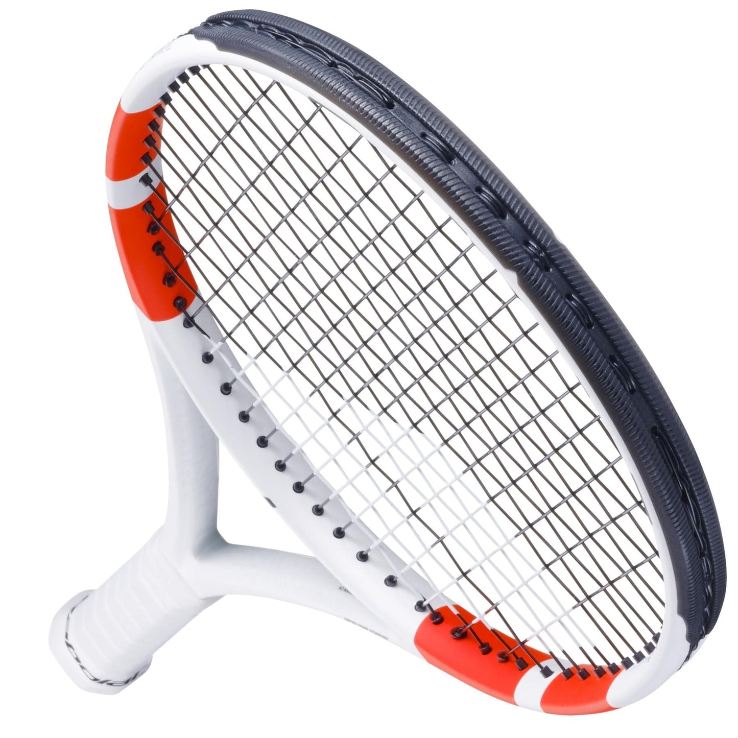 A close-up of a Babolat Pure Strike 100 Gen4 tennis racket with a white frame, red and black accents showcases its exceptional control and feel. The handle is elegantly wrapped in white grip tape, and the racket is angled diagonally against a white background.