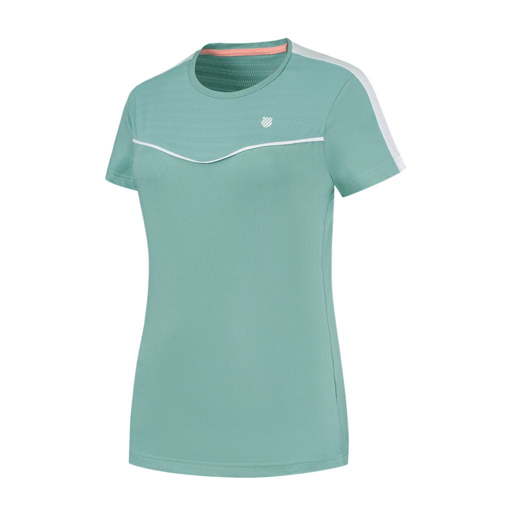 A Nile Blue K-Swiss tennis top with white trim, designed in the style of the Tac Hypercourt line.