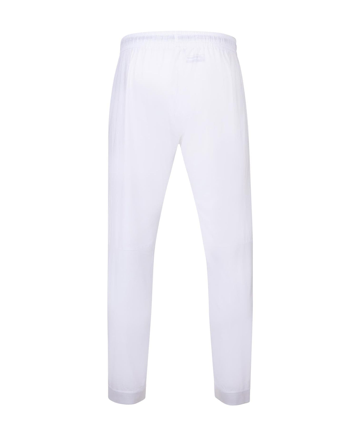 These Babolat Play Men's Tennis Pants in white are ideal for winter evenings, featuring a comfortable elastic waistband and a straight-leg design. Crafted from four-way stretch fabric, they ensure ease with every movement. Displayed from a rear angle against a white background, they make an excellent choice for casual wear.