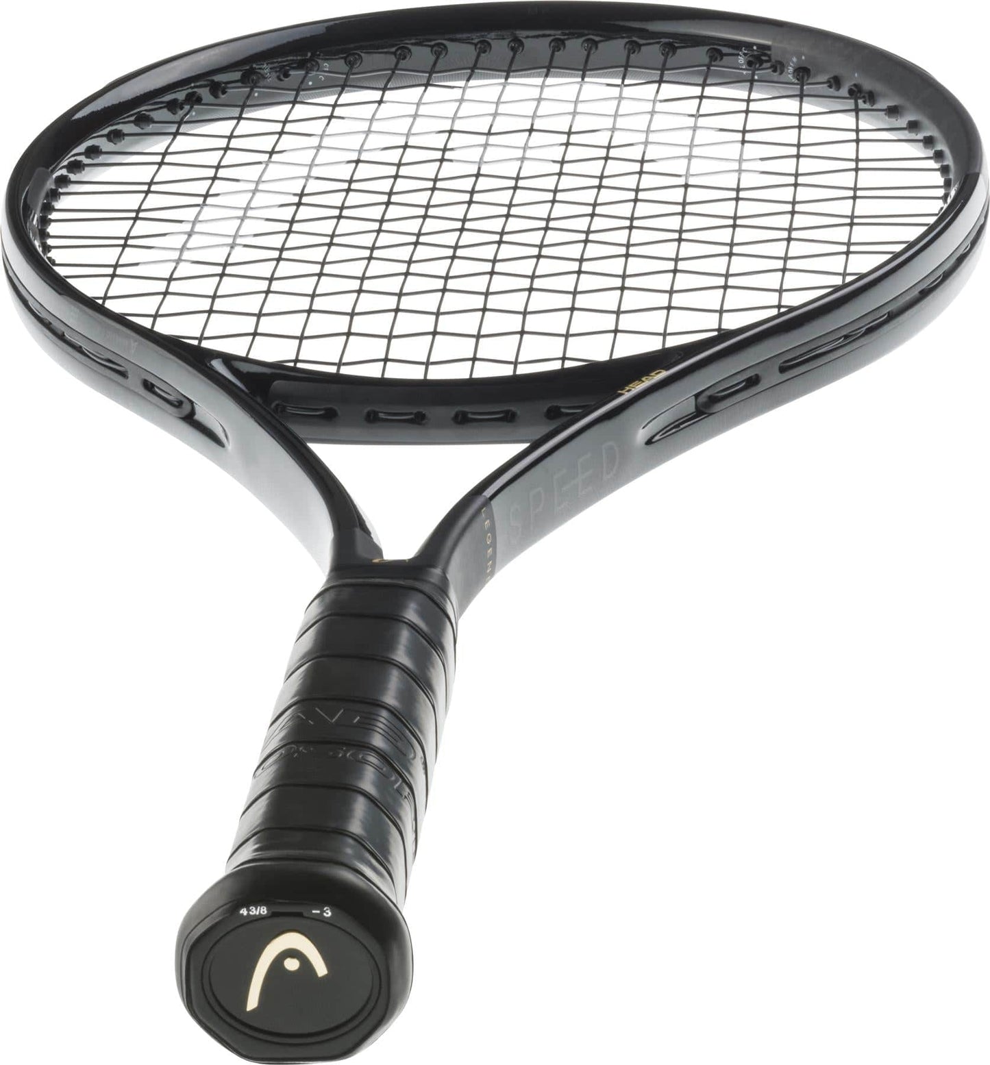 A close-up of the HEAD Speed MP Legend 2025 Tennis Racket in Black/Gold, featuring a wrapped handle and tightly strung netting against a white background—ideal for fans of HEAD.