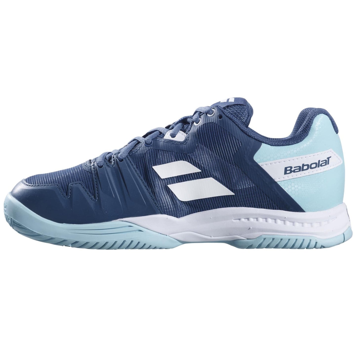 A side view of the Babolat SFX3 All Court Women's Tennis Shoes in Deep Dive and Blue, showcasing a white sole with distinct accents. This shoe is equipped with the Michelin Premium Tennis Sole, a textured rubber outsole, and a breathable mesh upper, all designed for optimal athletic performance.