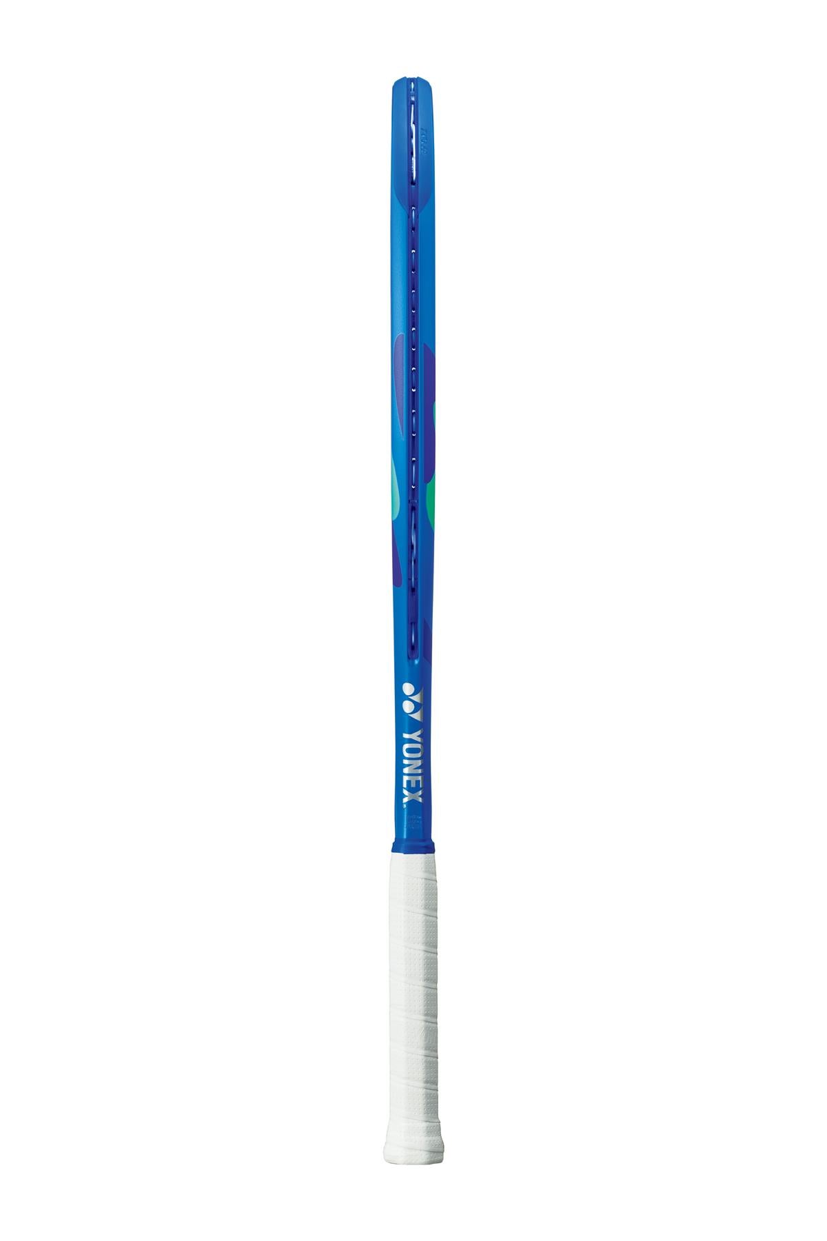 The Yonex EZONE 100L 2025 Tennis Racket - Blast Blue stands vertically against a plain white background, showcasing its blue frame and white grip. Featuring the Yonex logo, this racket includes Vibration Dampening Mesh for a smoother play.