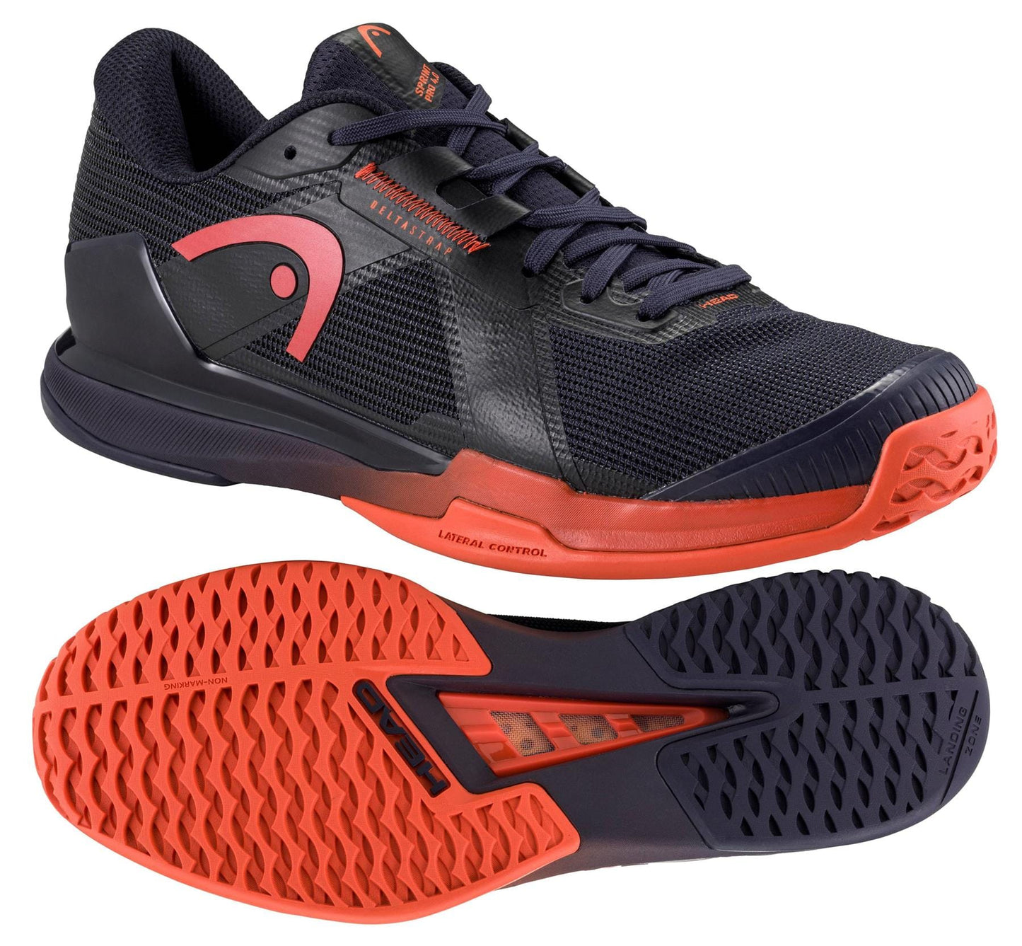 The HEAD Sprint Pro 4.0 Men's Tennis Shoes in dark blue and red feature a textured all-court outsole for grip, a mesh upper with red detailing, enhanced side support, lightweight comfort, and black laces.