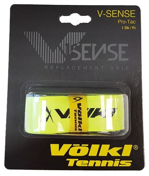 The packaging of the Volkl Pro Tac Replacement Tennis Grip in neon yellow highlights a grip that provides exceptional cushioning and enhanced tackiness for an optimal hold. Presented on a chic black card featuring branding and product information, it caters to performance-focused players.