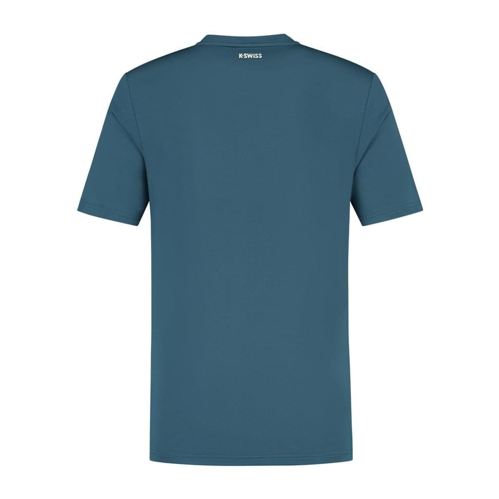 An Indian Teal K-Swiss Hypercourt Basic Crew Men's Tennis T-Shirt is displayed from the back. The fabric looks soft and smooth, with "K-SWISS" printed in white near the neckline at the top center.