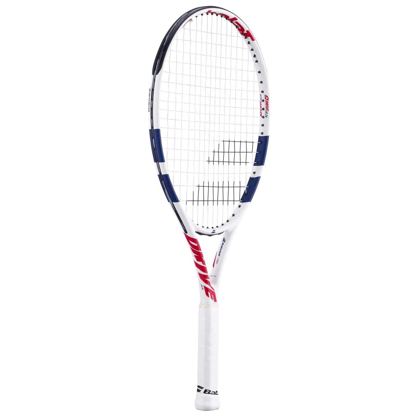 The Babolat Drive Junior 24 Tennis Racket for intermediates is white with blue accents and red text on the shaft, featuring a white grip and grid-patterned strings. The Babolat logo stands out on the handle base.