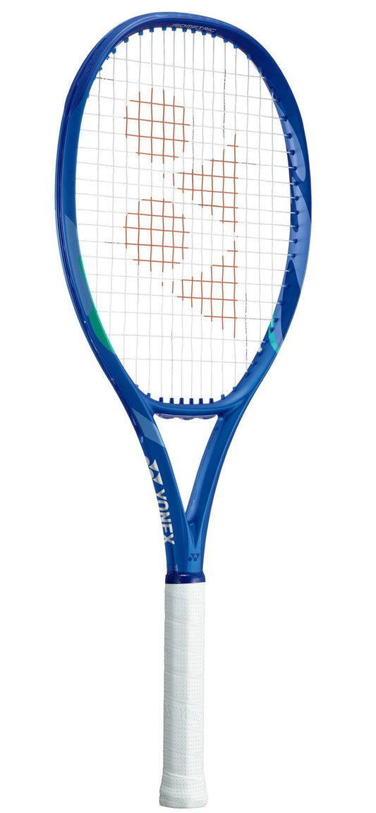 The Yonex EZONE Alpha 2025 Tennis Racket in Blast Blue has a blue frame, white grip, and strings with orange accents. Featuring ISOMETRIC design for improved accuracy and Vibration Dampening Mesh (VDM) for comfort, the Yonex brand name is prominently displayed on the side.