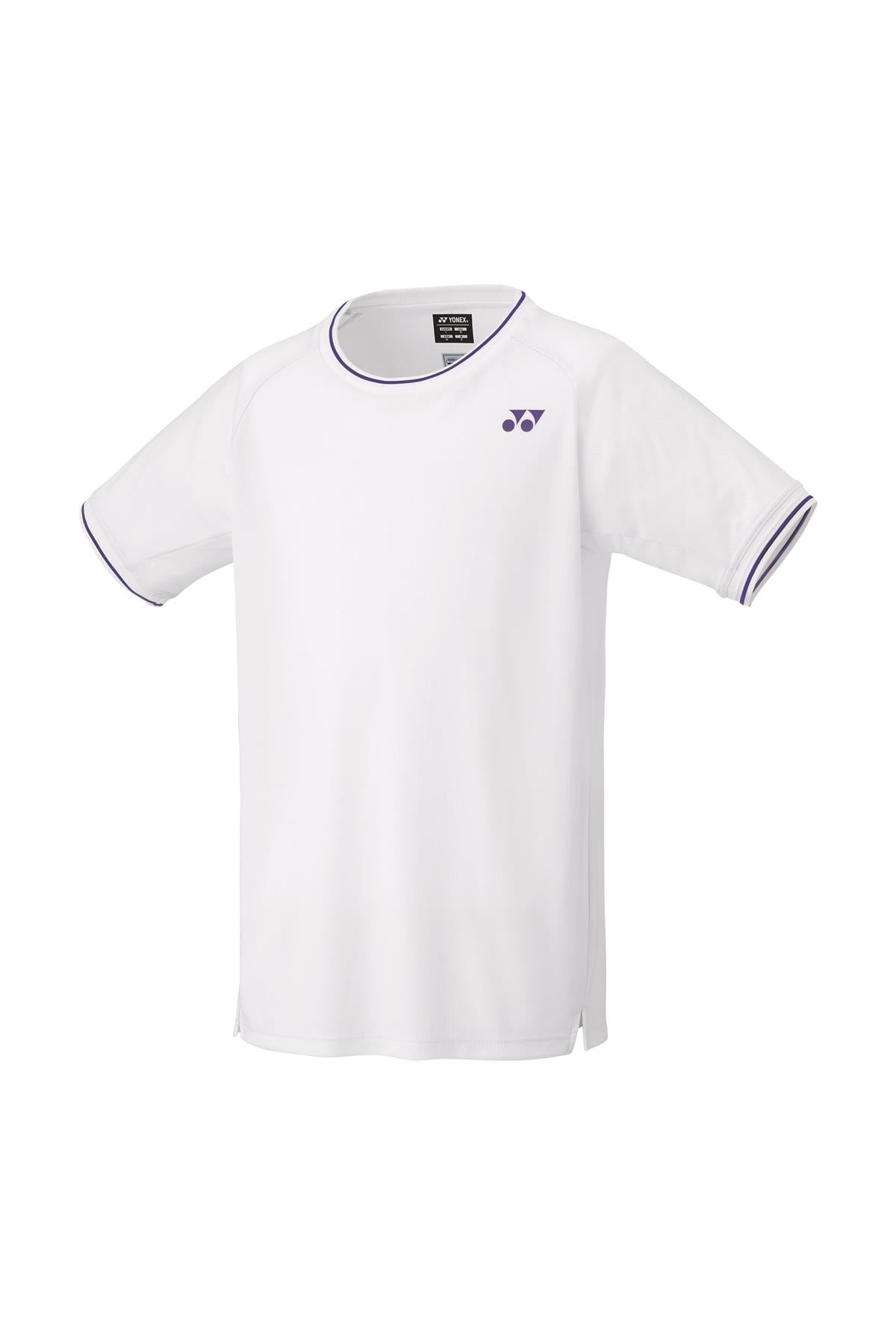 The Yonex 10561 Men's Tennis T-Shirt in white is engineered for optimal performance, featuring short sleeves and elegant purple accents at the cuffs and collar. Its moisture-wicking material offers maximum comfort, complemented by a discreet purple logo on the left chest, making it perfect for any tournament setting.