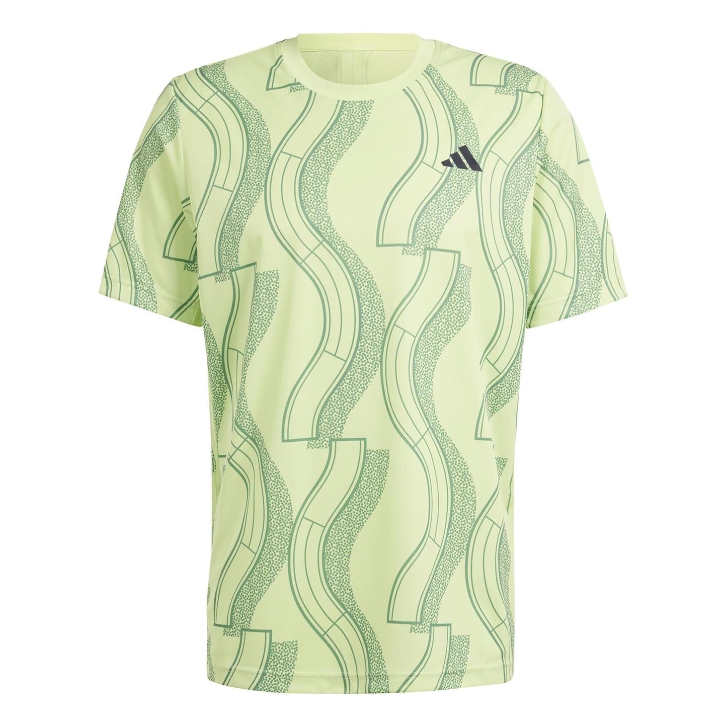 The ADIDAS Men's Club Graphic Tennis T-Shirt in green features stylish abstract dark green curved line designs and a subtle black adidas logo on the left chest. Crafted from recycled materials with AEROREADY technology, it offers comfort during play.