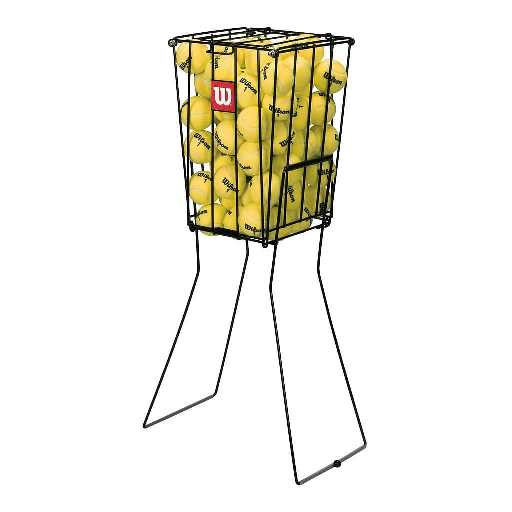 The Wilson 75 Tennis Ball Pick Up Basket, a black metal creation by Wilson, features a durable steel basket with a no-spill lid. It's filled with yellow tennis balls and sports the Wilson logo. Its foldable legs allow it to stand upright for convenient access and portability.