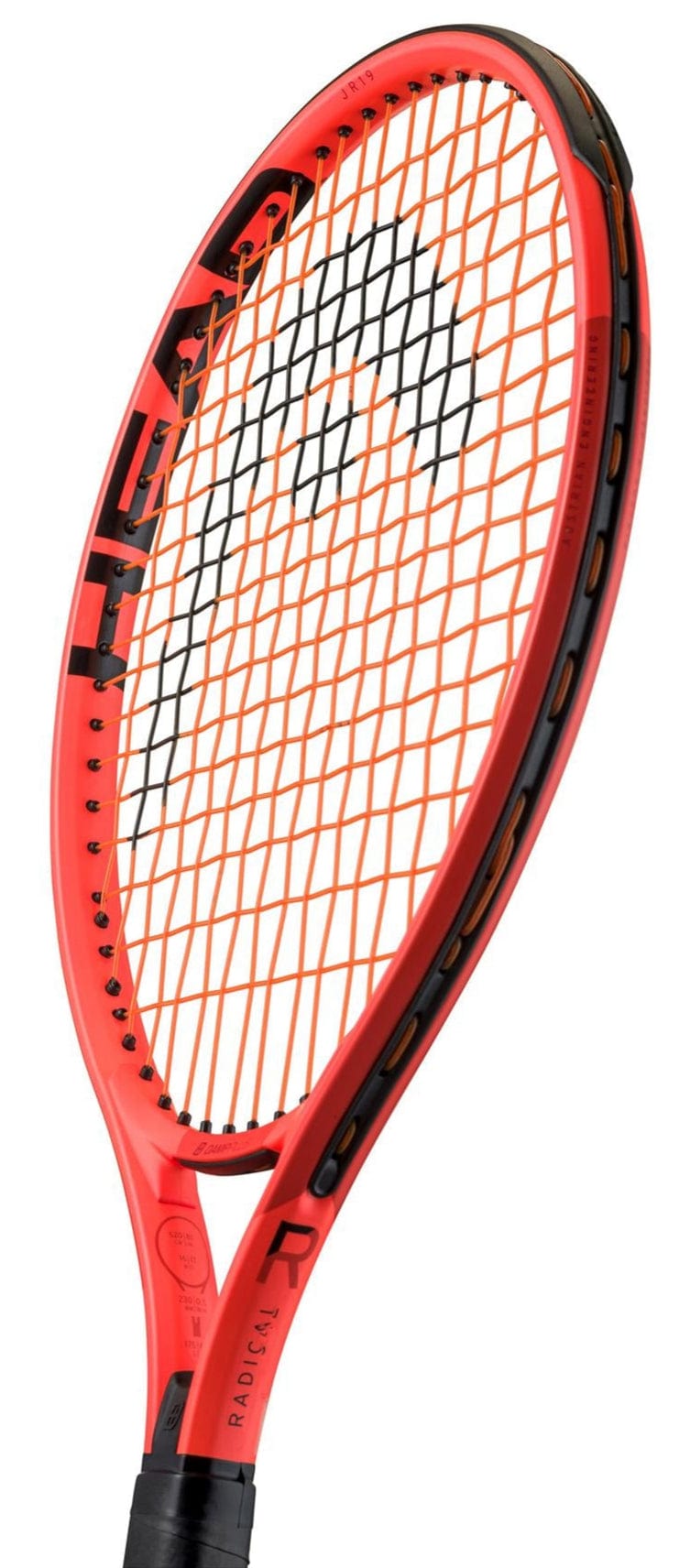 The HEAD Radical Junior 19 2025 Tennis Racket in bright orange elegantly displays its sleek black handle and string pattern. The brand name, "HEAD," is prominently featured on the frame as it is showcased at an angle against a white background.