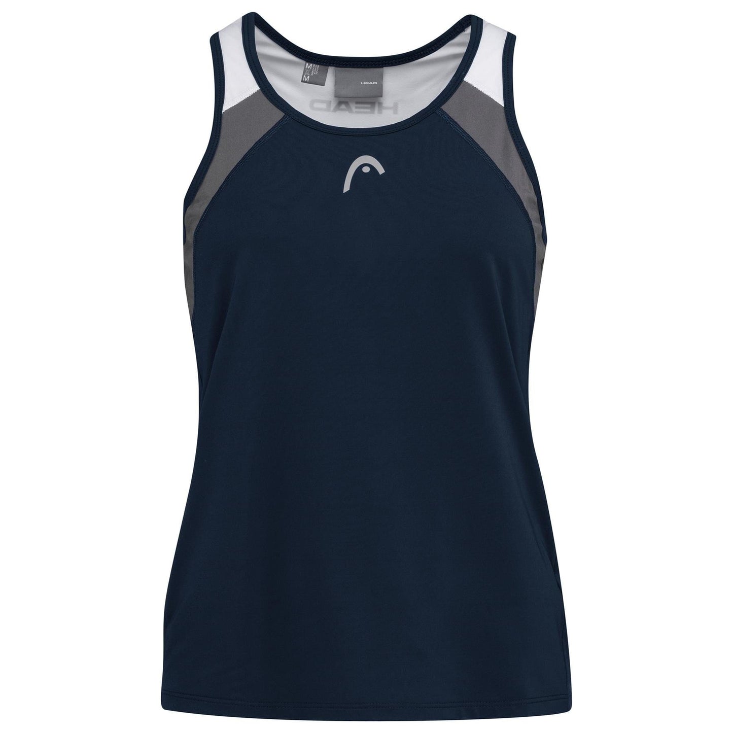 The HEAD Womens Club 22 Tennis Tank Top in Dark Blue is an athletic piece featuring grey and white accents with a prominent white logo on the front. Crafted from Moisture Transfer Microfibre, it provides excellent performance and comfort for tennis players.