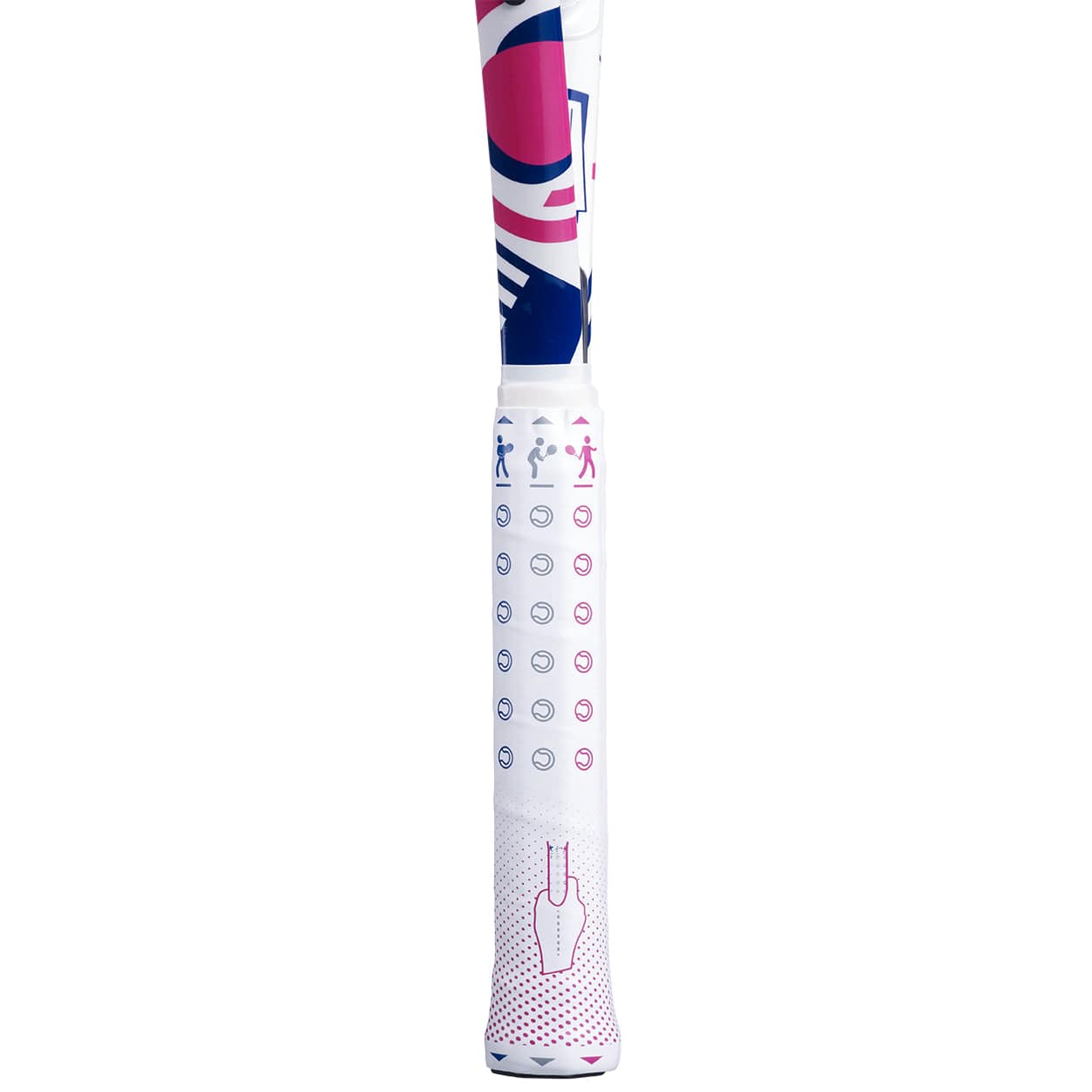 A close-up of the Babolat B-Fly 23 Junior Tennis Racket handle, perfect for beginner sports enthusiasts. The vibrant design showcases abstract pink and blue patterns, with small icon-like figures and rows of circles. The bottom of the handle outlines a tennis racket shape.