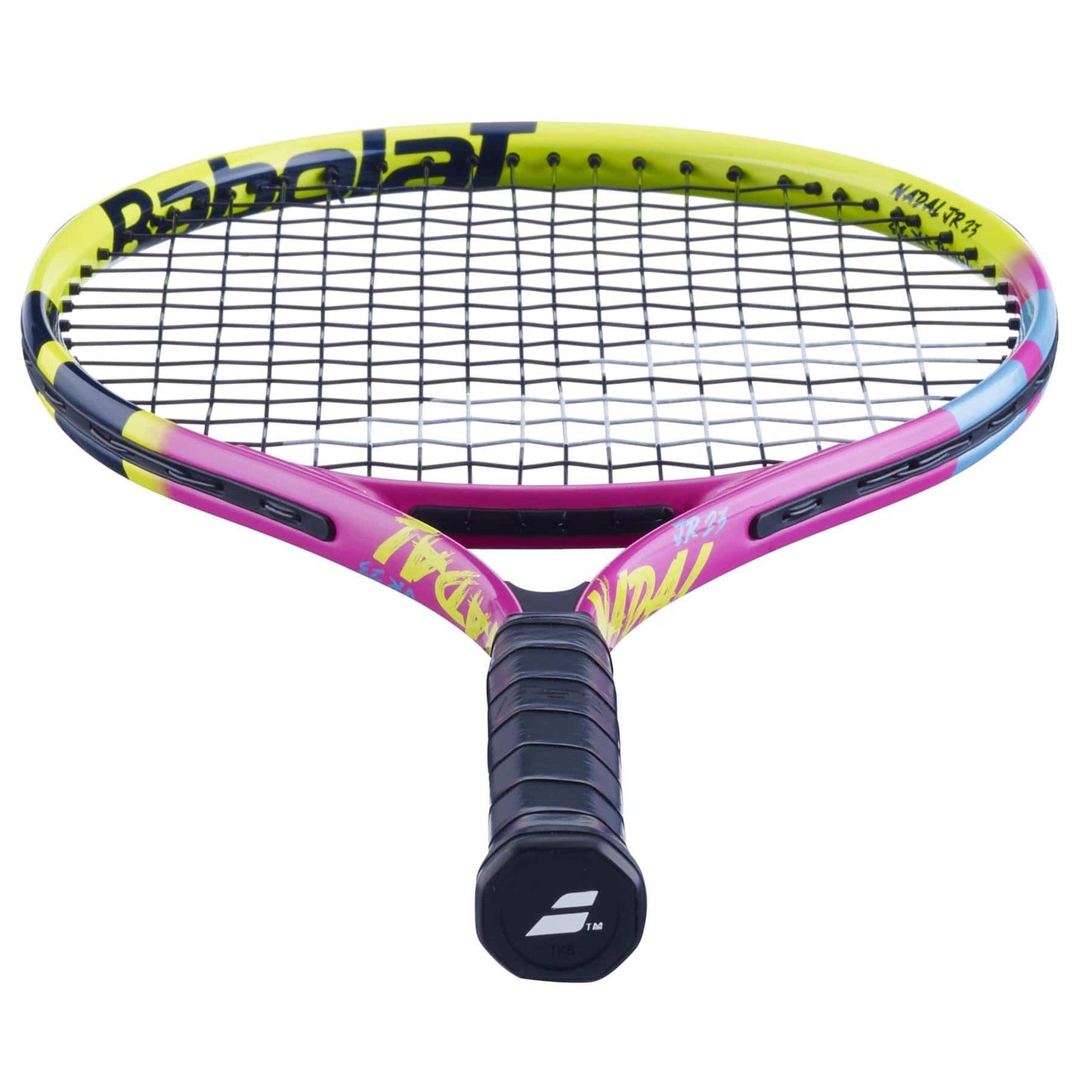 The Babolat Nadal Junior 23 Tennis Racket - Pink / Yellow is a vibrant children's tennis racket that showcases a pink and yellow frame with black strings. The brand name "Babolat" is prominently displayed on the rim, while the handle features a black grip with a white logo at the base, providing a lightweight feel ideal for young players.