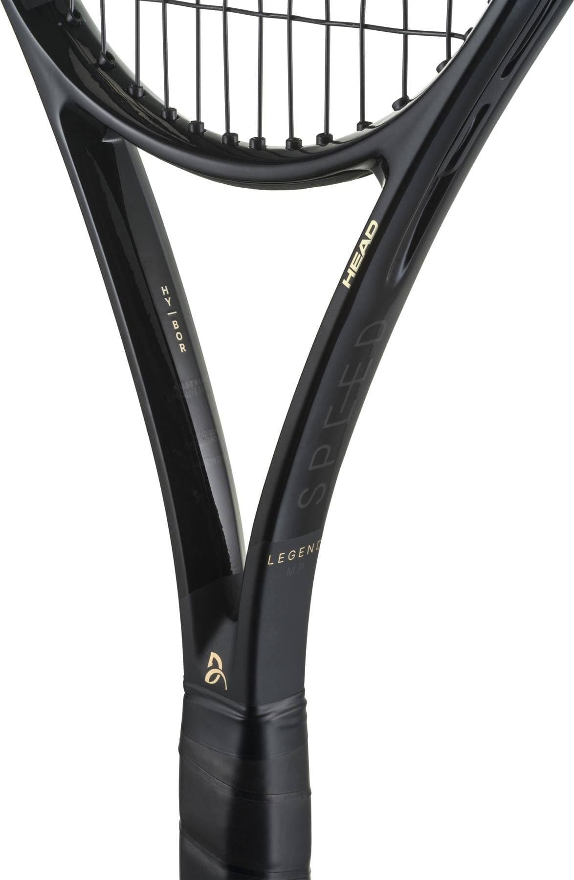 Close-up of a HEAD Speed MP Legend 2025 Tennis Racket - Black / Gold handle and throat, showcasing "SPEED", "LEGEND", and "HYBRID" in gold lettering, with black strings visible at the top—by HEAD.