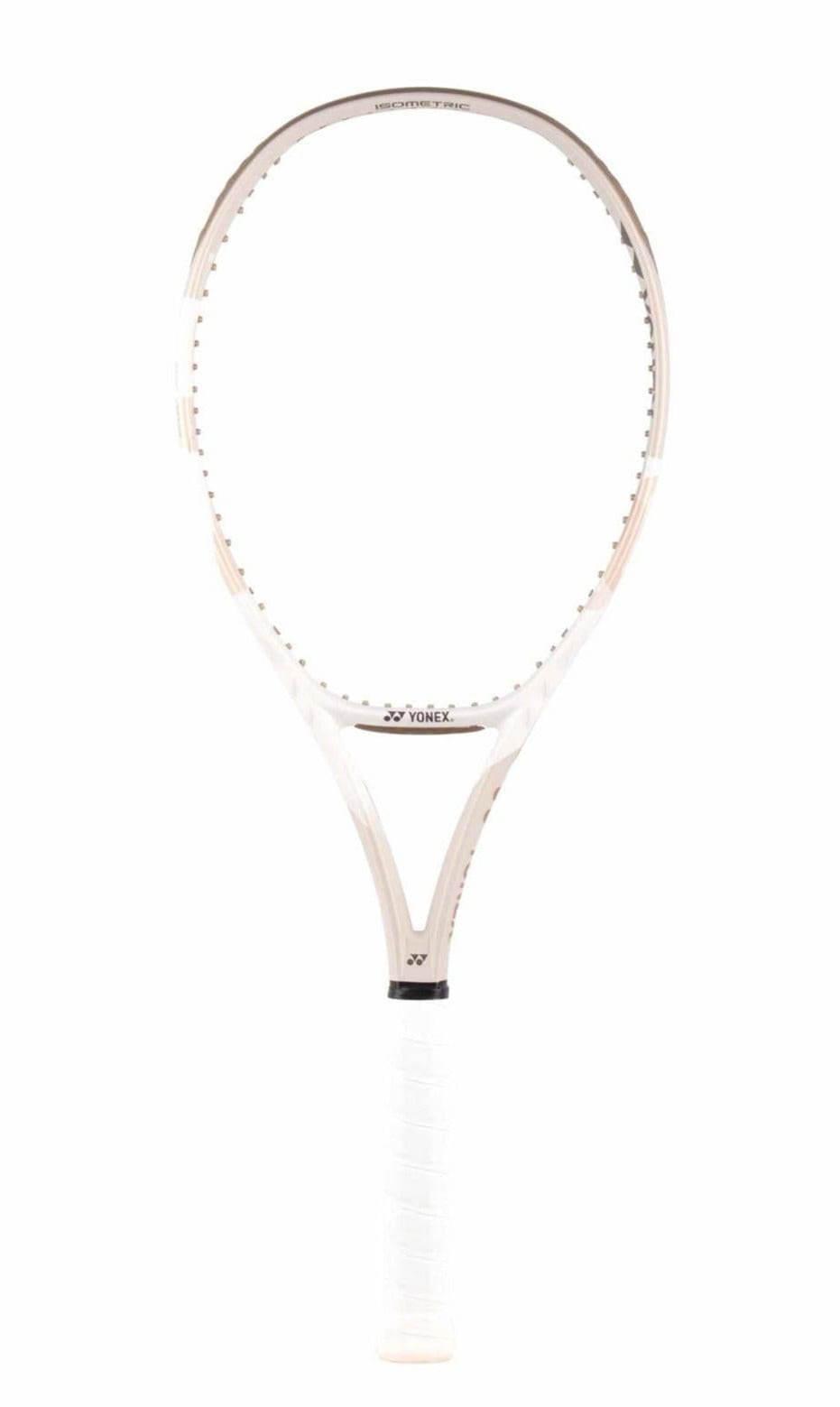 The Yonex VCORE 98L Tennis Racket in sand beige features a sleek design with the iconic logo on its throat. Its clear ISOMETRIC™ technology frame stands out on a plain white background, even without strings.