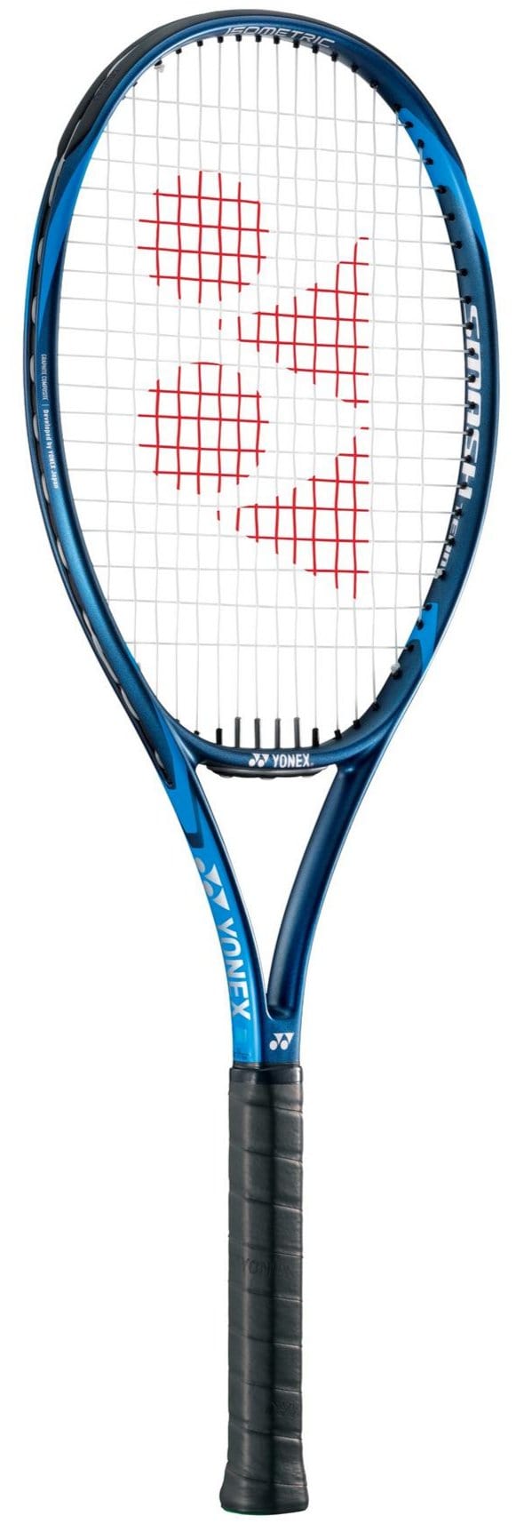 The Yonex Smash Team Tennis Racket - Deep Blue boasts a stylish design in deep blue, incorporating ISOMETRIC™ technology. It features a black grip and has red branding on the strings. The white manufacturer's logo is prominently displayed on the frame, providing an accessible experience for players of all skill levels.