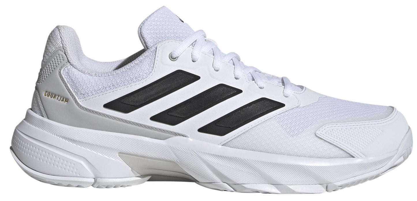 The ADIDAS CourtJam Control 3 is a white men's tennis shoe by adidas, featuring a mesh upper with black stripes, textured sole for superior grip and support, gold text on the heel, and sustainable materials.