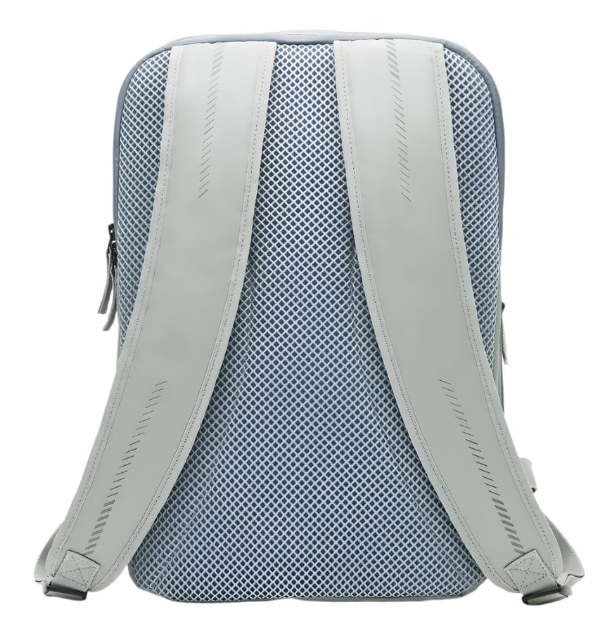 The Kanso Intuko Tennis 23L Backpack in grey is shown from the back, featuring adjustable shoulder straps, a mesh panel for ventilation, angled textured strap patterns, and a subtle reflective print on a plain white background.