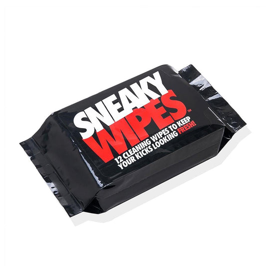 Introducing the Sneaky Fresh Shoe Cleaning Wipes (12 Pack) by Sneaky, elegantly packaged with striking white and red text on a sleek black background. The packaging reads: "Sneaky Wipes - 12 cleaning wipes to keep your kicks looking fresher." Ideal for maintaining spotless footwear.