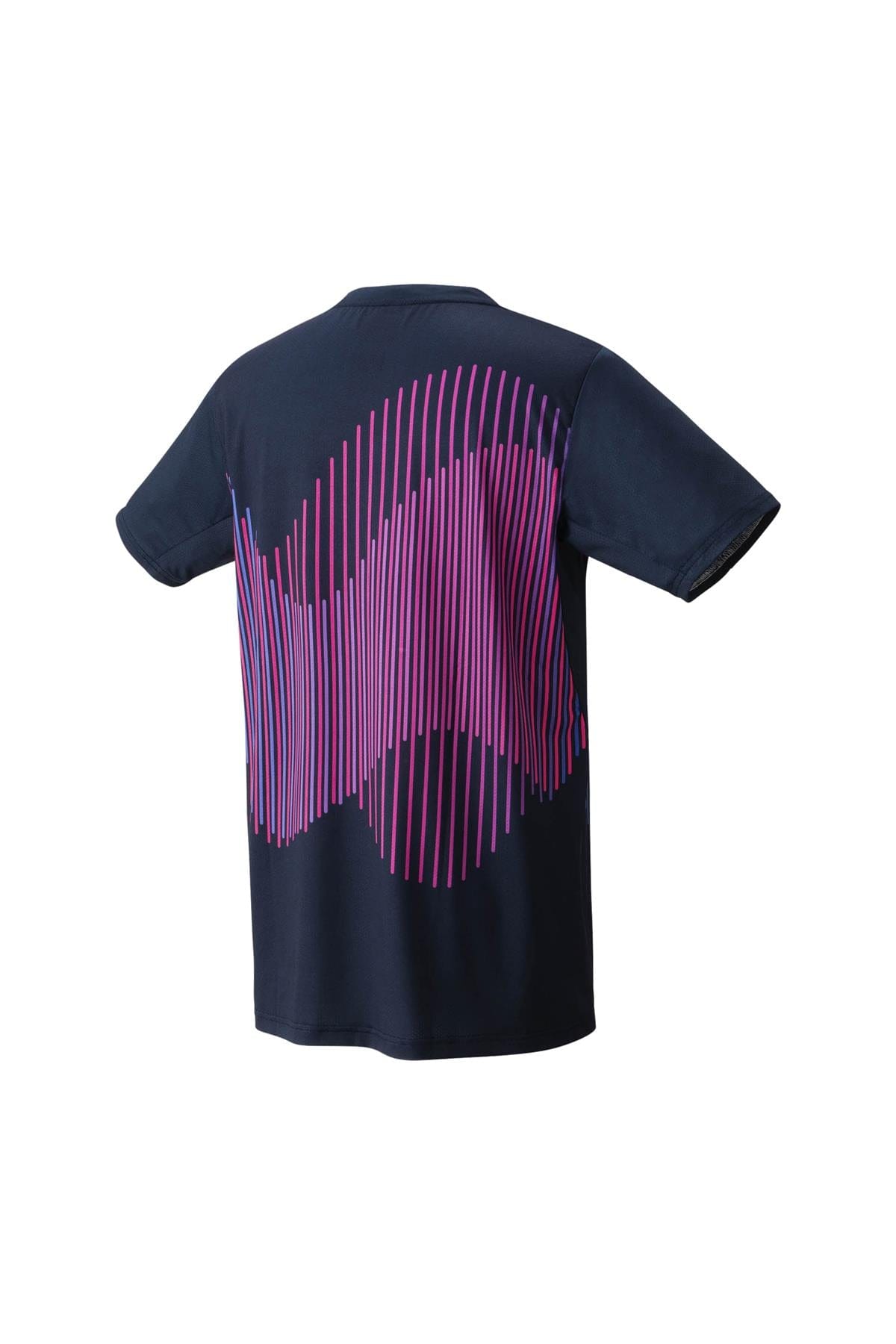 This Yonex 10562 Crew Neck Men's Tennis T-Shirt, in Indigo Marine, incorporates Yonex technology and displays pink and purple vertical lines creating an abstract wave pattern across the back. Featuring a crew neck and short sleeves, it offers a simple yet casual design.