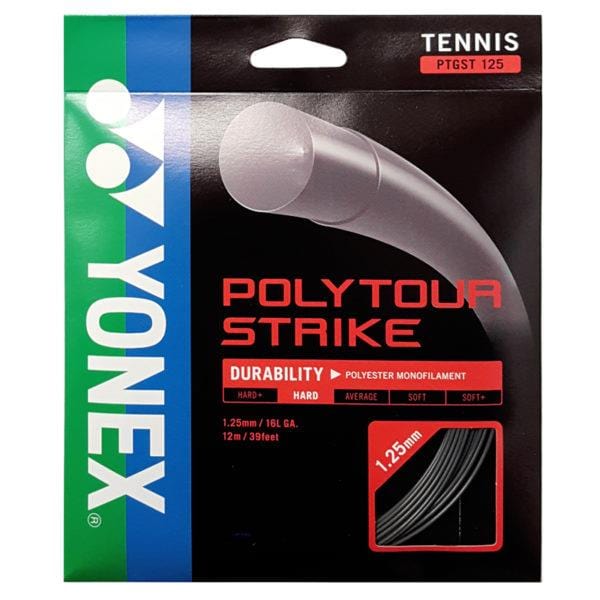 The Yonex Polytour Strike Tennis String packaging features an elegant iron grey design, emphasizing its robust polyester construction tailored for competitive players. With a thickness of 1.25mm and a length of 12m/39 feet, these strings promise lasting performance.