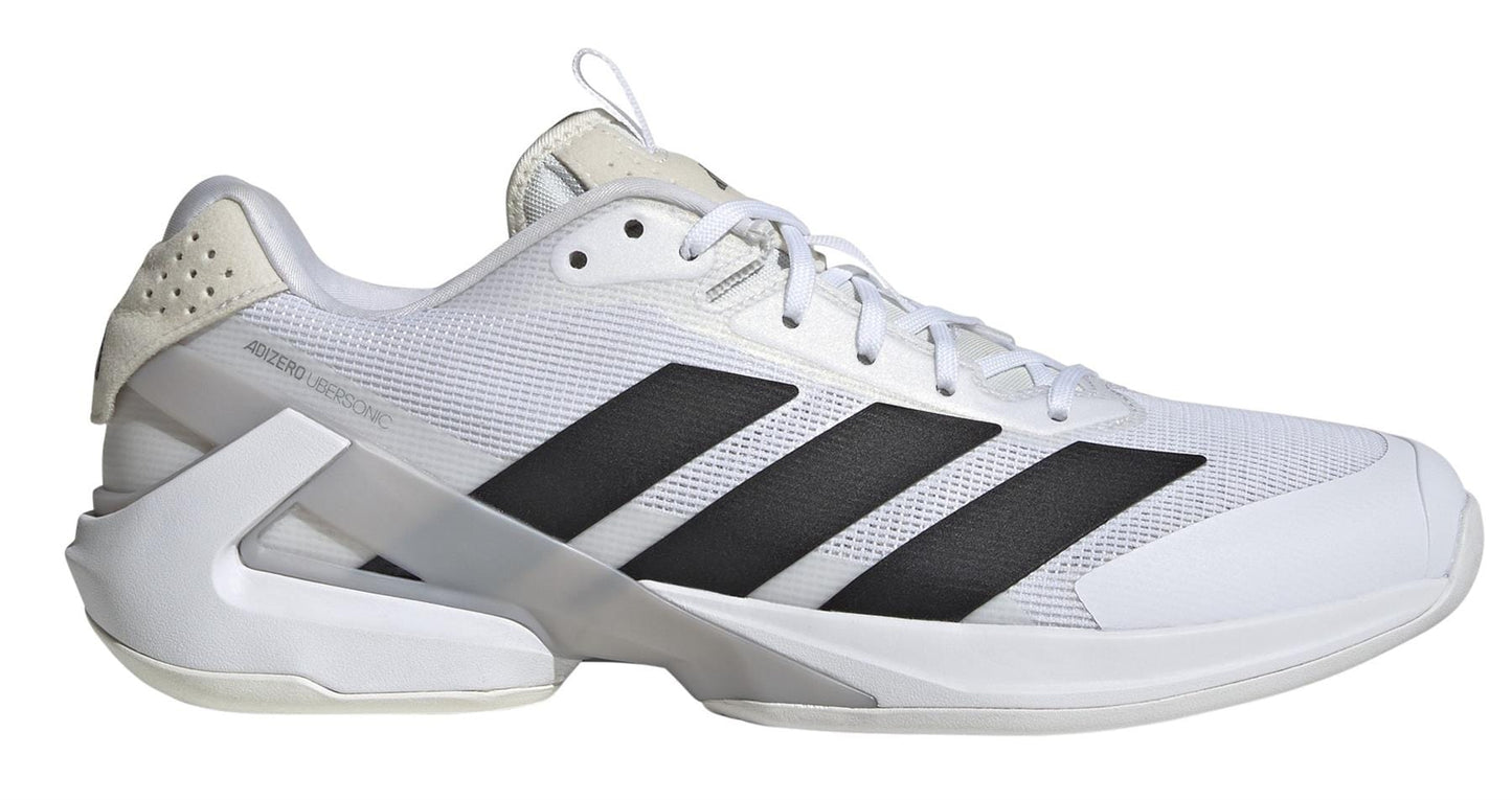 The adidas Adizero Ubersonic 5 Men's Tennis Shoes feature a sleek, breathable mesh upper with signature black stripes and a durable white sole.