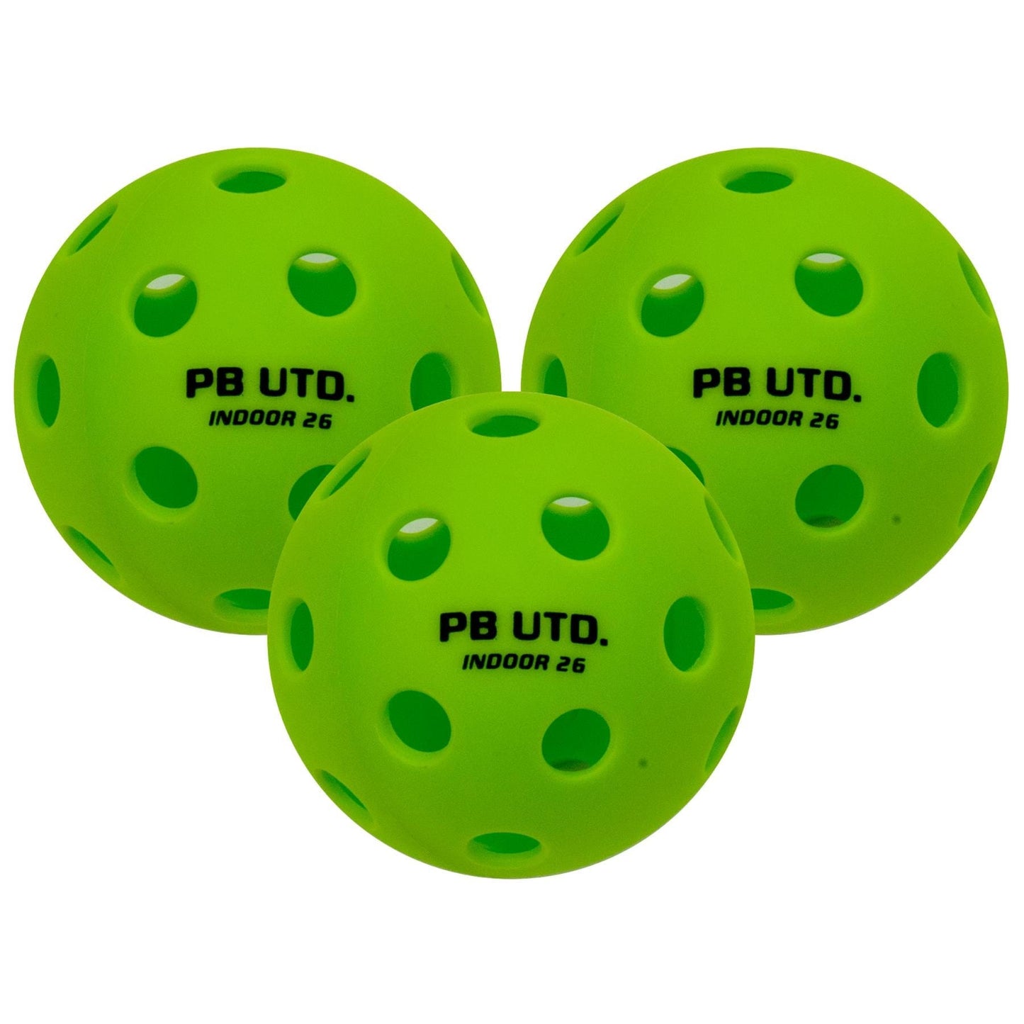 Three Pickleball United Freedom 26 Indoor Pickleball Balls (green, set of 3), each marked "PB UTD. INDOOR 26" in black, are made of durable TPU plastic and displayed together on a white background.