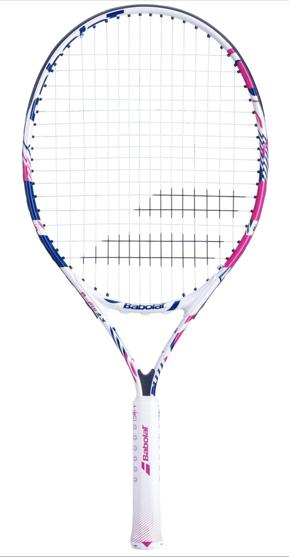 The Babolat B-Fly 23 Junior Tennis Racket showcases a blue and pink pattern on its white frame and strings, with the brand name "Babolat" prominently displayed on both the shaft and head. The racket features a white grip highlighted with pink accents, designed for beginners, and is set against a plain white background.