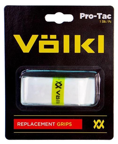 The packaging for the Volkl Pro Tac Replacement Tennis Grip - White emphasizes maximum cushioning with its cutting-edge polyurethane formula. It is enclosed in a clear plastic cover and displayed against a chic black and yellow cardboard backing adorned with the unique Volkl branding.