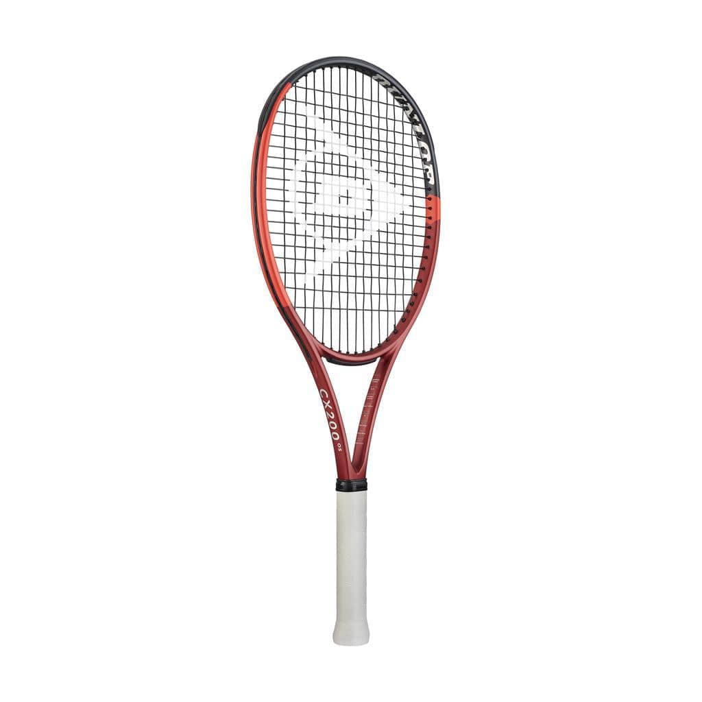 A close-up of the Dunlop CX 200 OS 2024 Tennis Racket - Red highlights its red and black frame, featuring a sleek and modern design with a white grip. Ideal for intermediate players, the strings create a grid pattern centered by its distinctive triangular logo.
