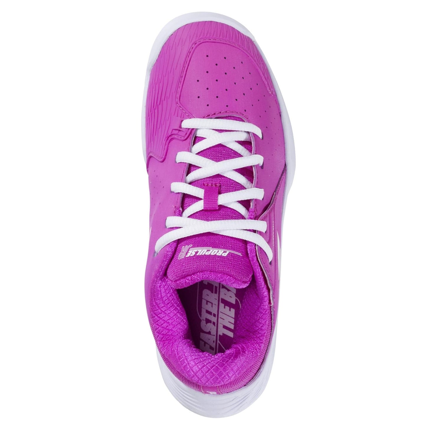 A top view of the Babolat Propulse Junior 3 Girls Tennis Shoe in Fandango Pink shows white laces, a white sole, toe perforations, a durable Michelin outsole, and "SEED THE" text on the insole.