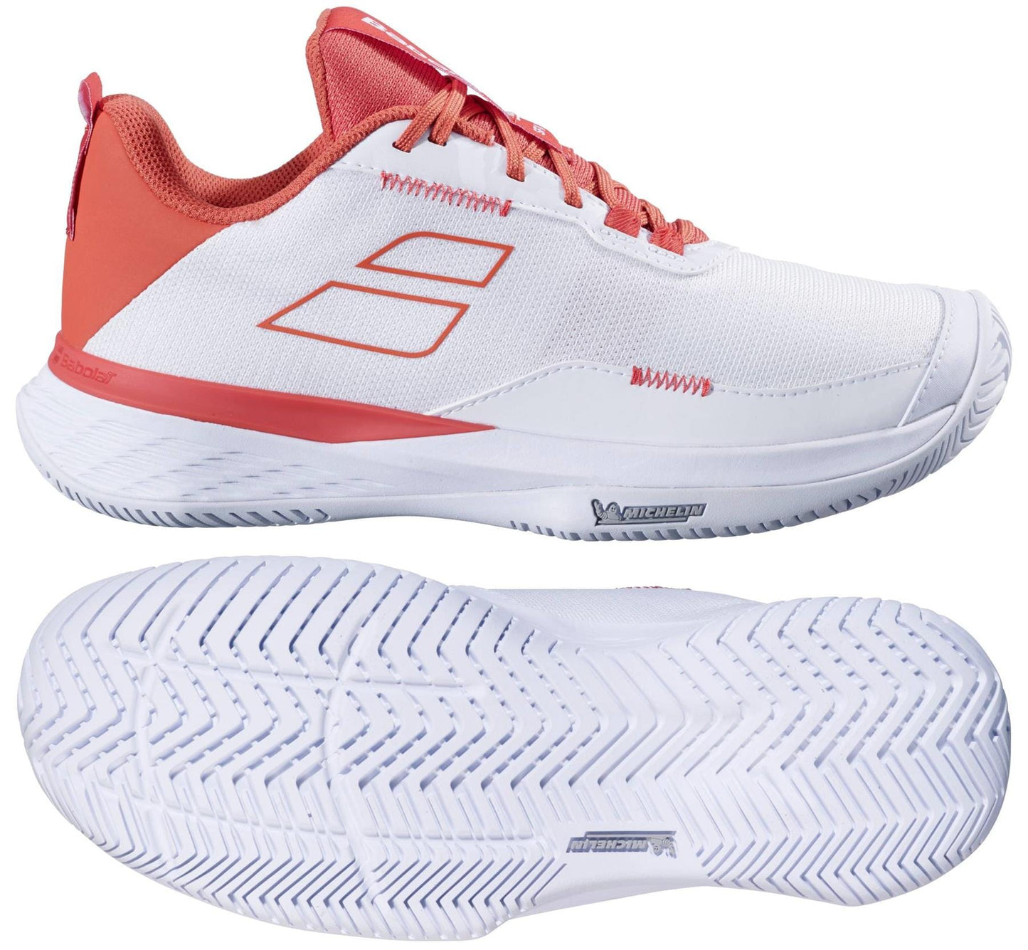 Two Babolat SFX Evo Womens Tennis Shoes in White/Terra Cotta, shown side and bottom: one displays the red laces, heel, and trim; the other reveals the textured sole with grip patterns and an Ortholite comfort insole.