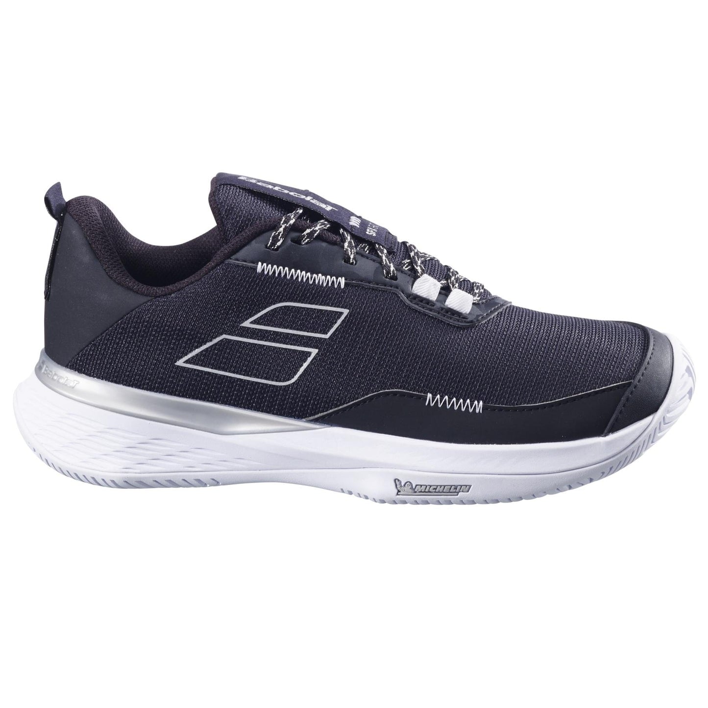 Introducing the Babolat SFX EVO All Court 2025 Women's Tennis Shoes in Black/Silver, combining sleek design with ultimate comfort. With a white sole, minimal stitching, side logo, and textured fabric upper, these modern tennis shoes ensure style meets performance every step of the way.
