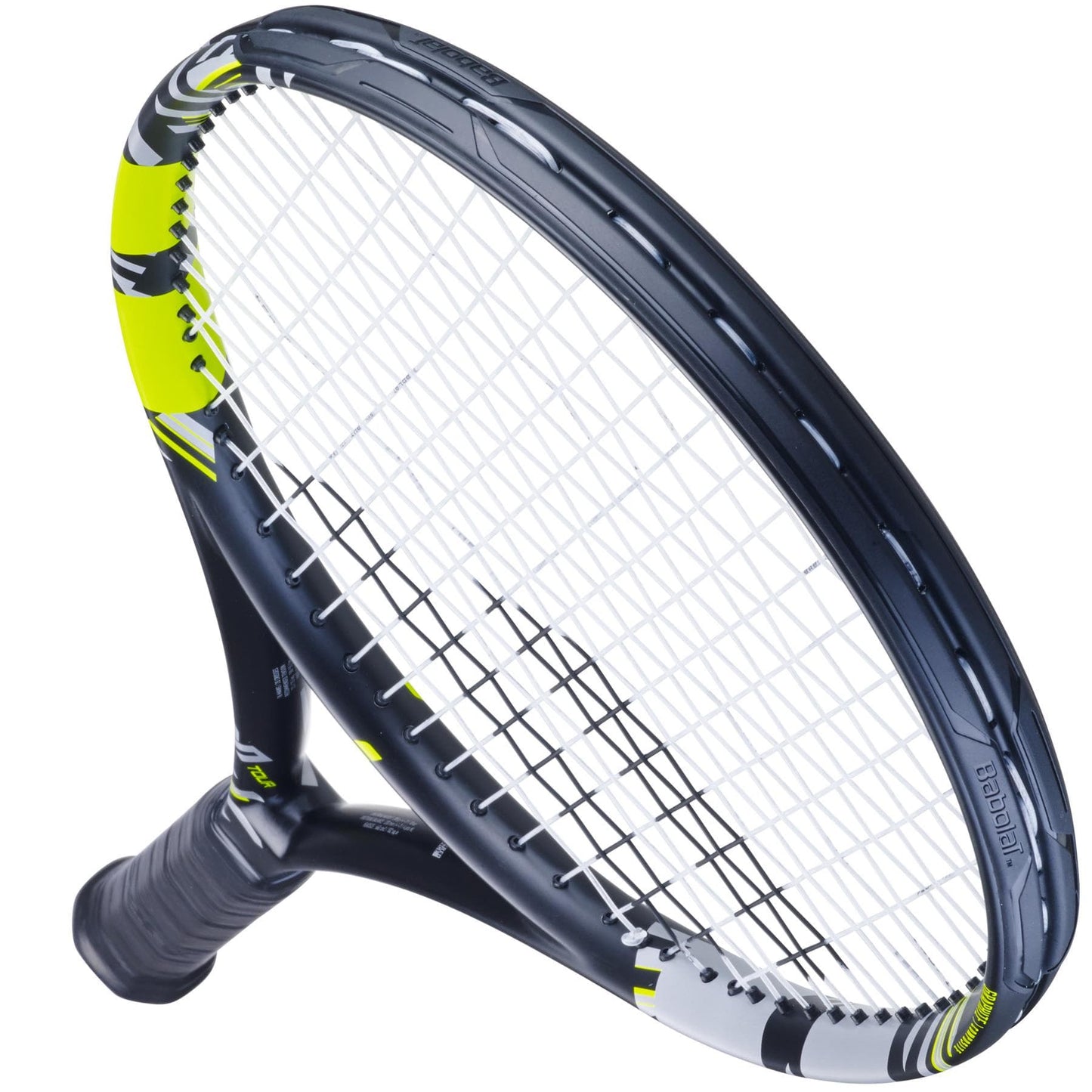 A close-up of the Babolat Pulsion Tour Tennis Racket from Babolat highlights its sleek black design. The strings are tightly wound for maximum power, and the handle is wrapped in black grip tape.
