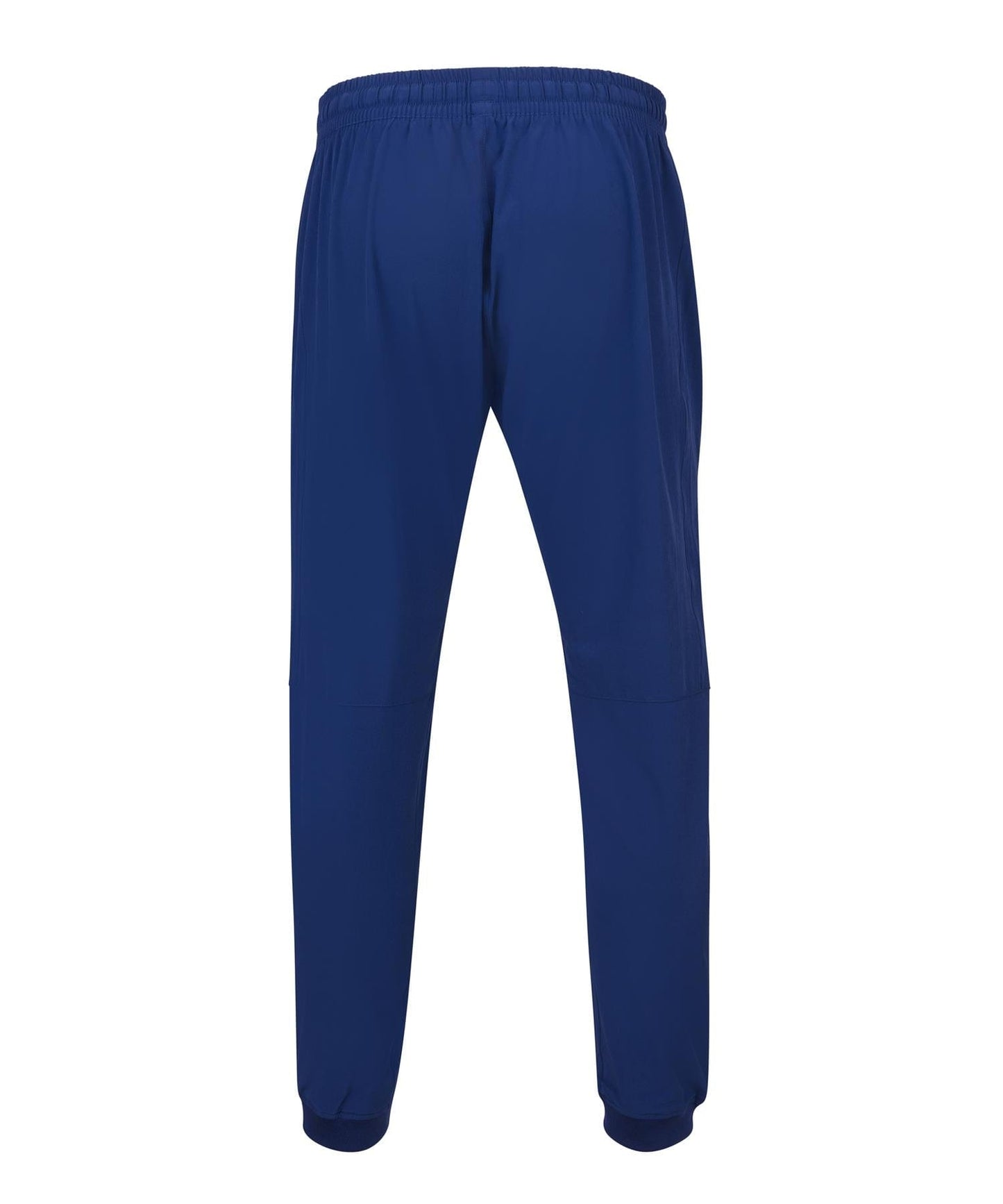 Back view of the Babolat Play Mens Tennis Pants in Estate Blue, showcasing an elastic waistband and ankle cuffs. Crafted with lightweight, four-way stretch fabric, they are ideal for both athletic and casual wear.