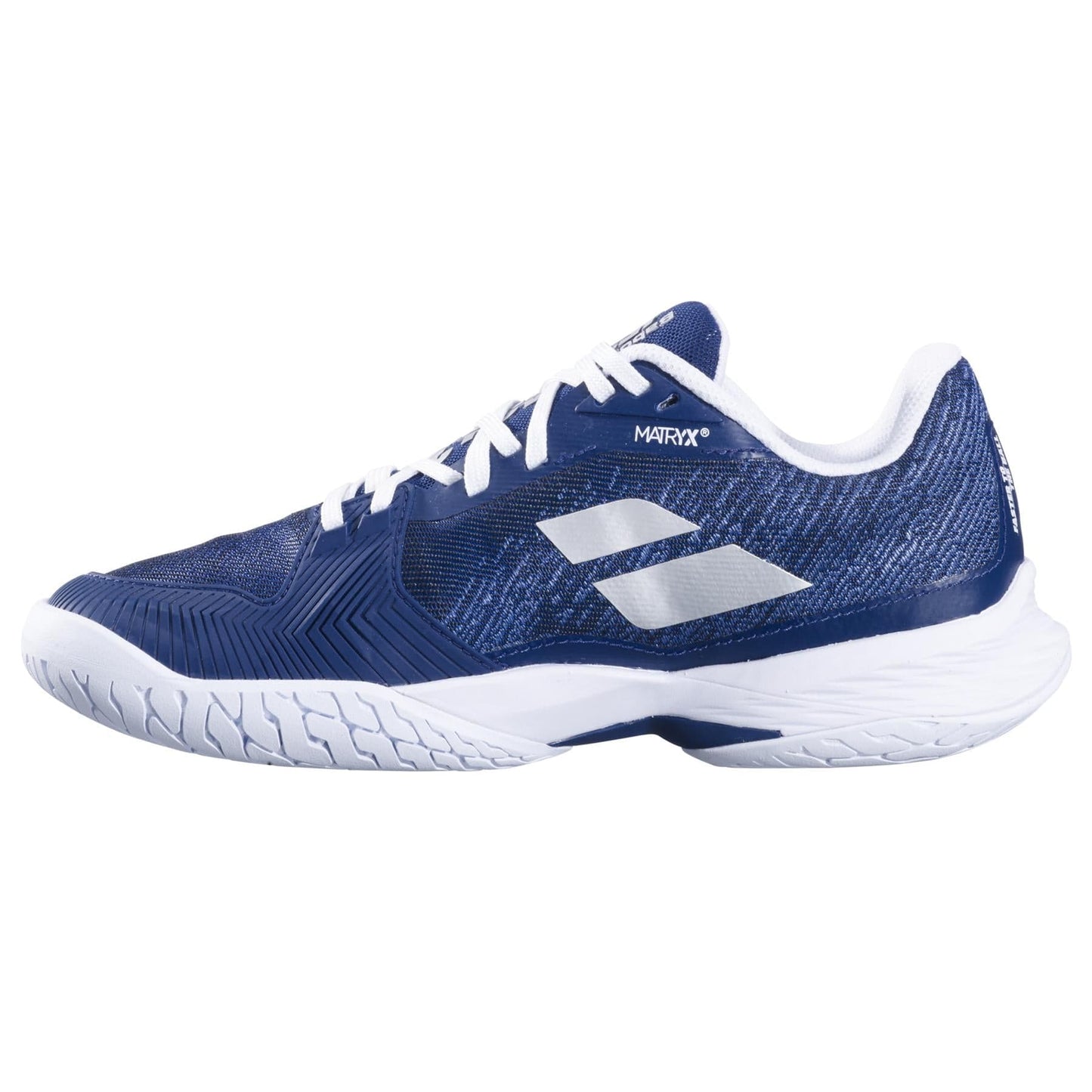 The Babolat Jet Mach 3 All Court 2025 Women's Tennis Shoes in Dark Blue feature Matryx technology for durability, a textured design with the logo, and a thick Michelin sole for grip. They are completed with classic white laces.
