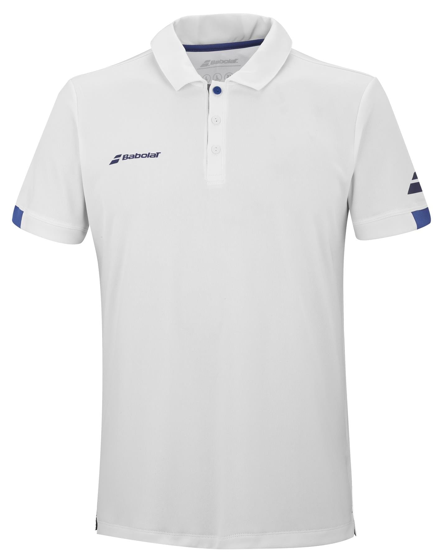 The Babolat Play Men's Tennis Polo Shirt in white combines style and performance on the court with Fiber Dry technology. Featuring a collar, short sleeves, and blue accents, it is adorned with the Babolat logo on both the chest and sleeve.